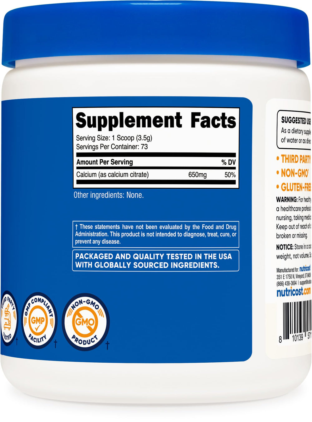 Nutrition facts panel and product highlights: Vegetarian, Non-GMO, Gluten Free