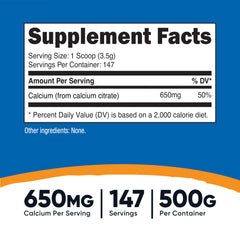 Nutricost Calcium Citrate Powder 500g bottle back panel