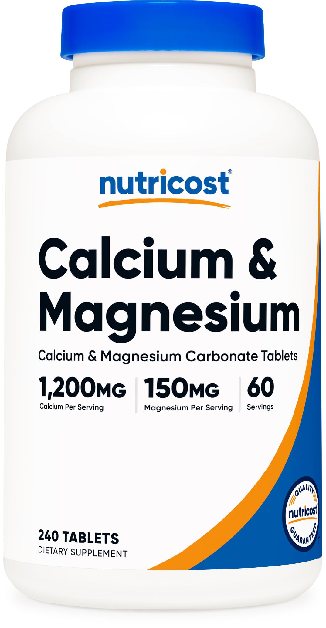 Front view of Nutricost Calcium & Magnesium 240-tablet bottle