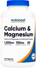 Front view of Nutricost Calcium & Magnesium 240-tablet bottle