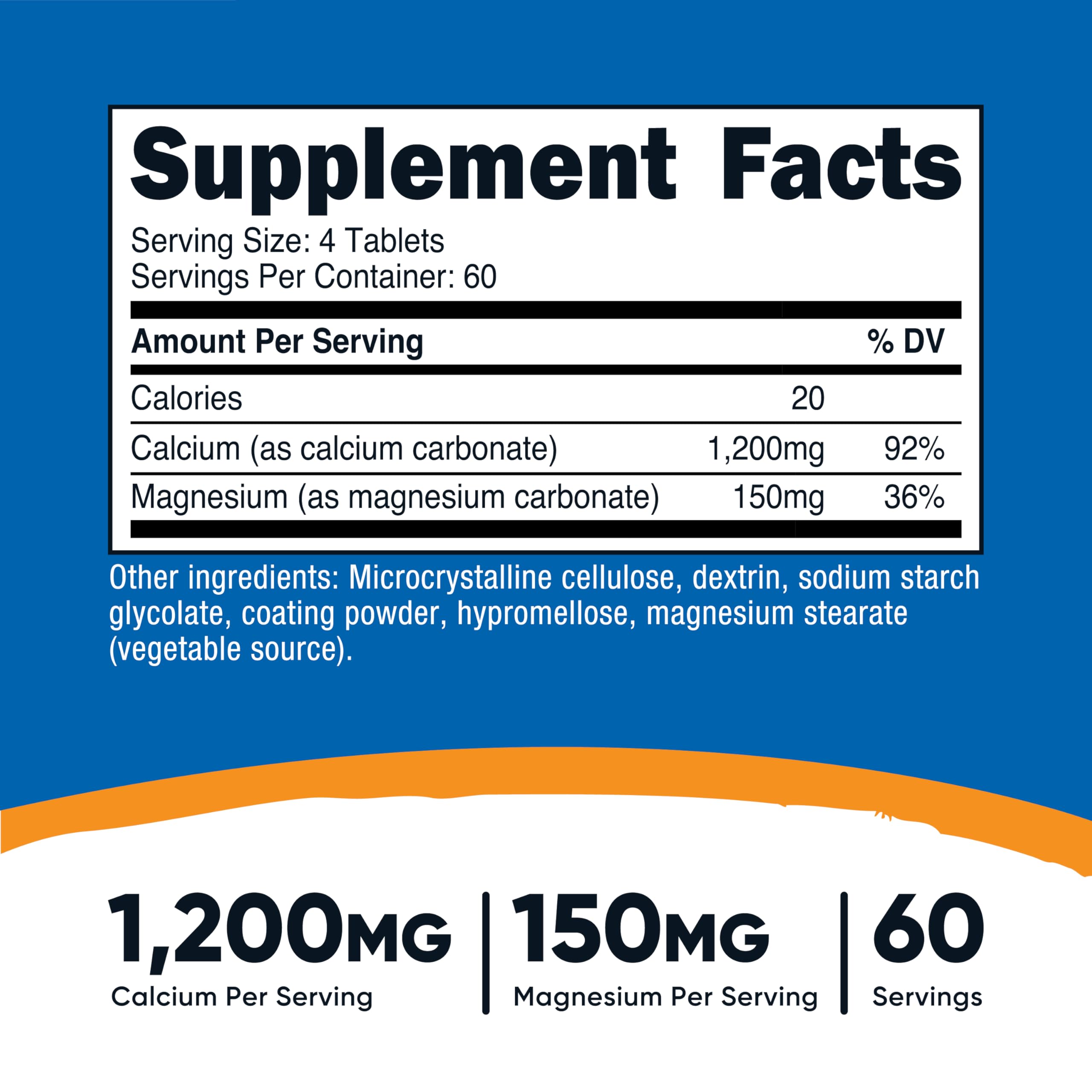 Bottle label showing 1200 mg calcium and 150 mg magnesium per serving