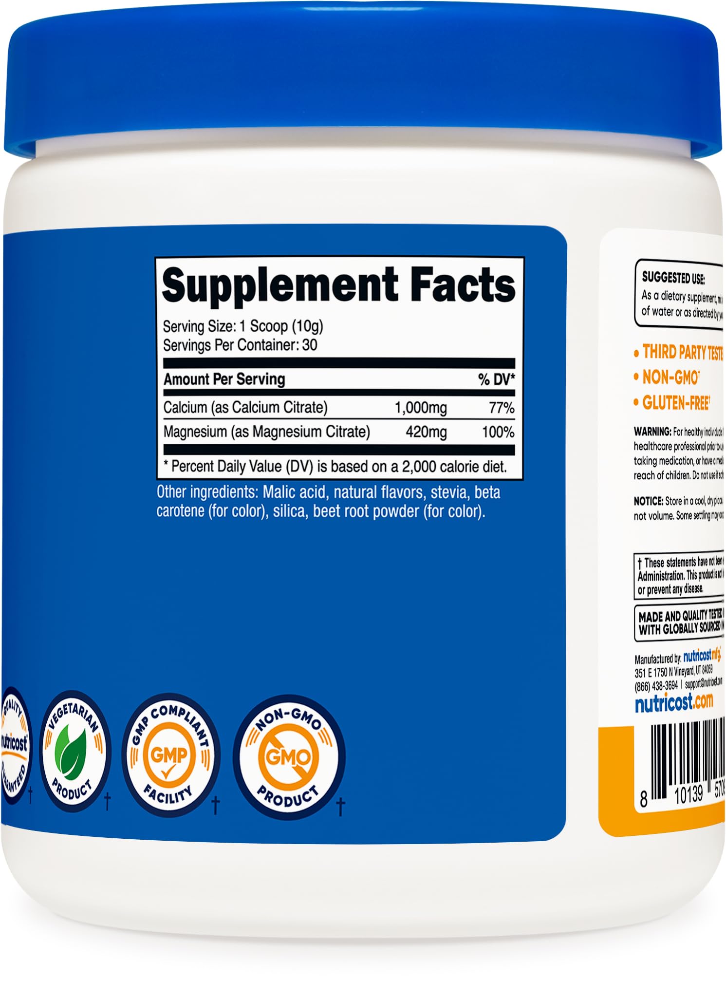Back/bottle side view of Nutricost Calcium Magnesium Powder