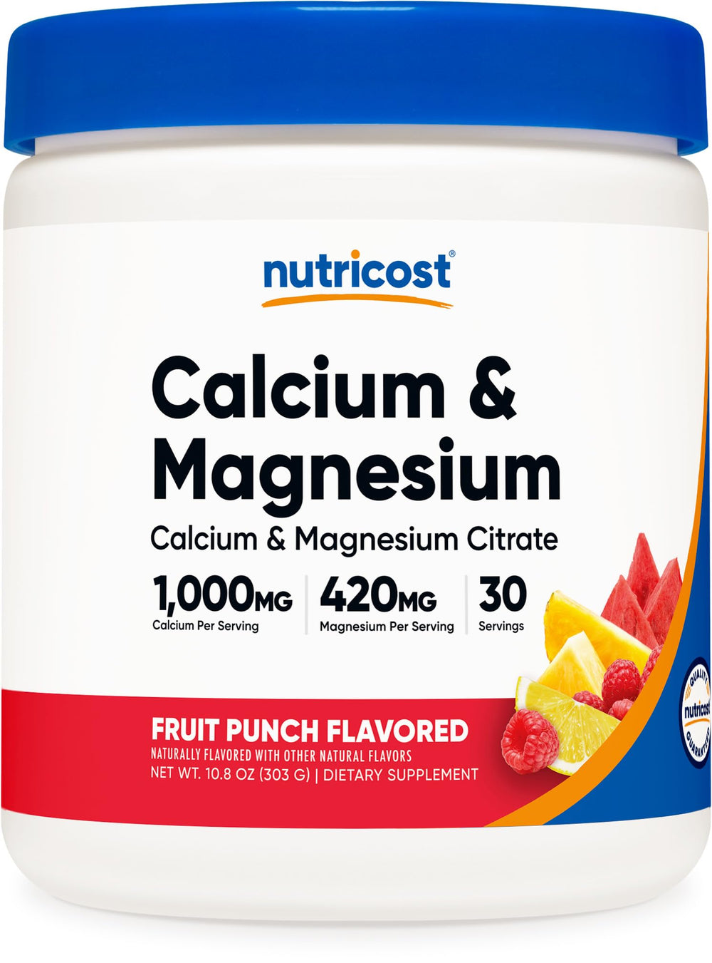 Nutricost Calcium Magnesium Powder Fruit Punch 30 Servings bottle front