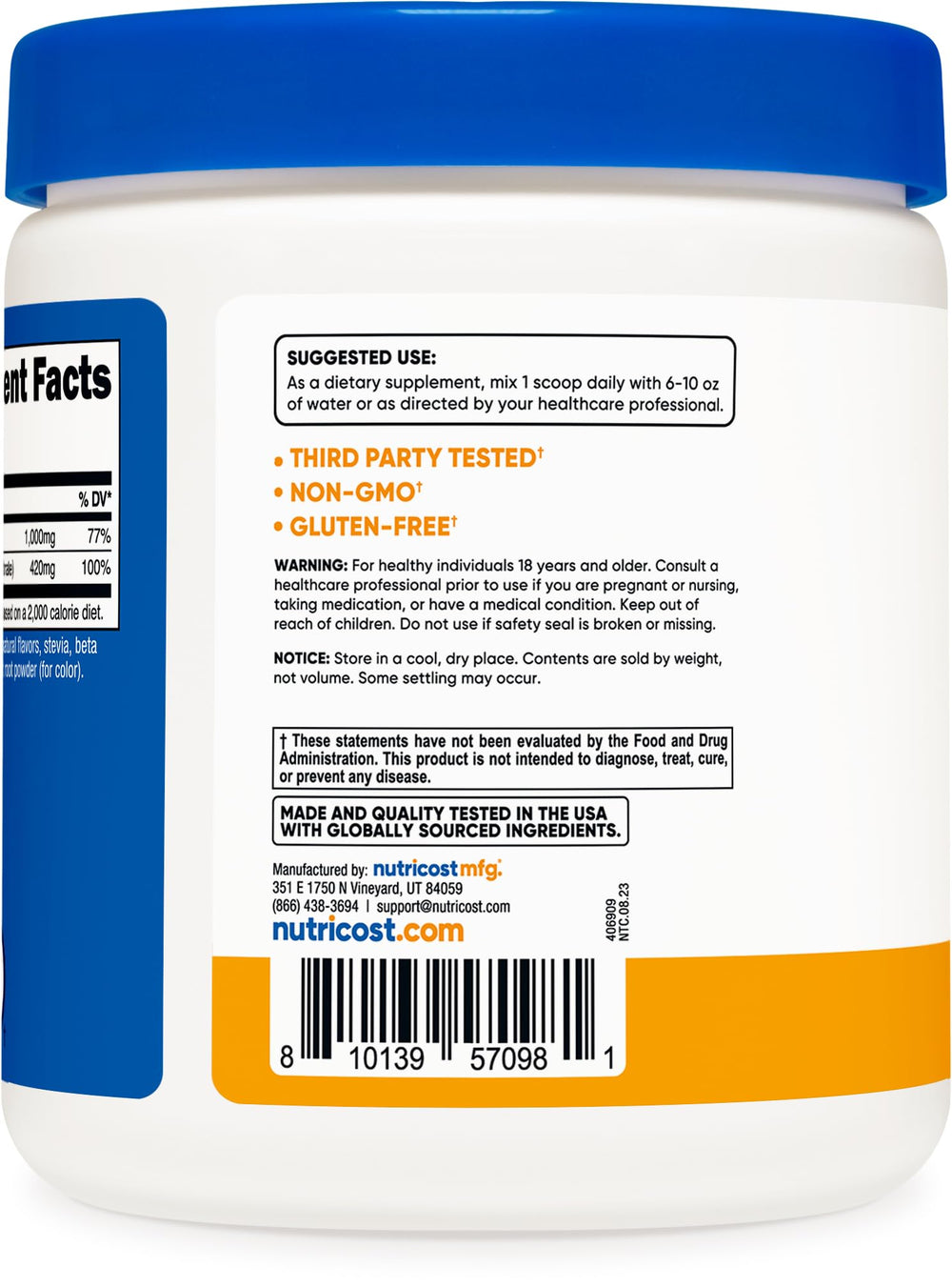 Label of Nutricost Calcium Magnesium Powder showing ingredients and certifications
