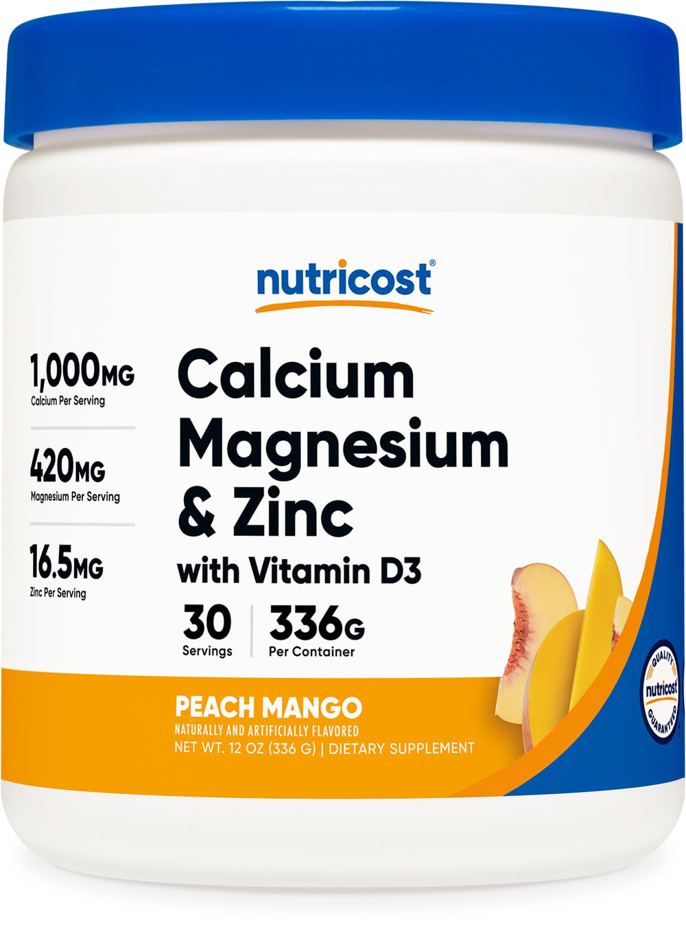 Nutricost Calcium Magnesium Zinc Citrates with Vitamin D3 Peach Mango flavor bottle label