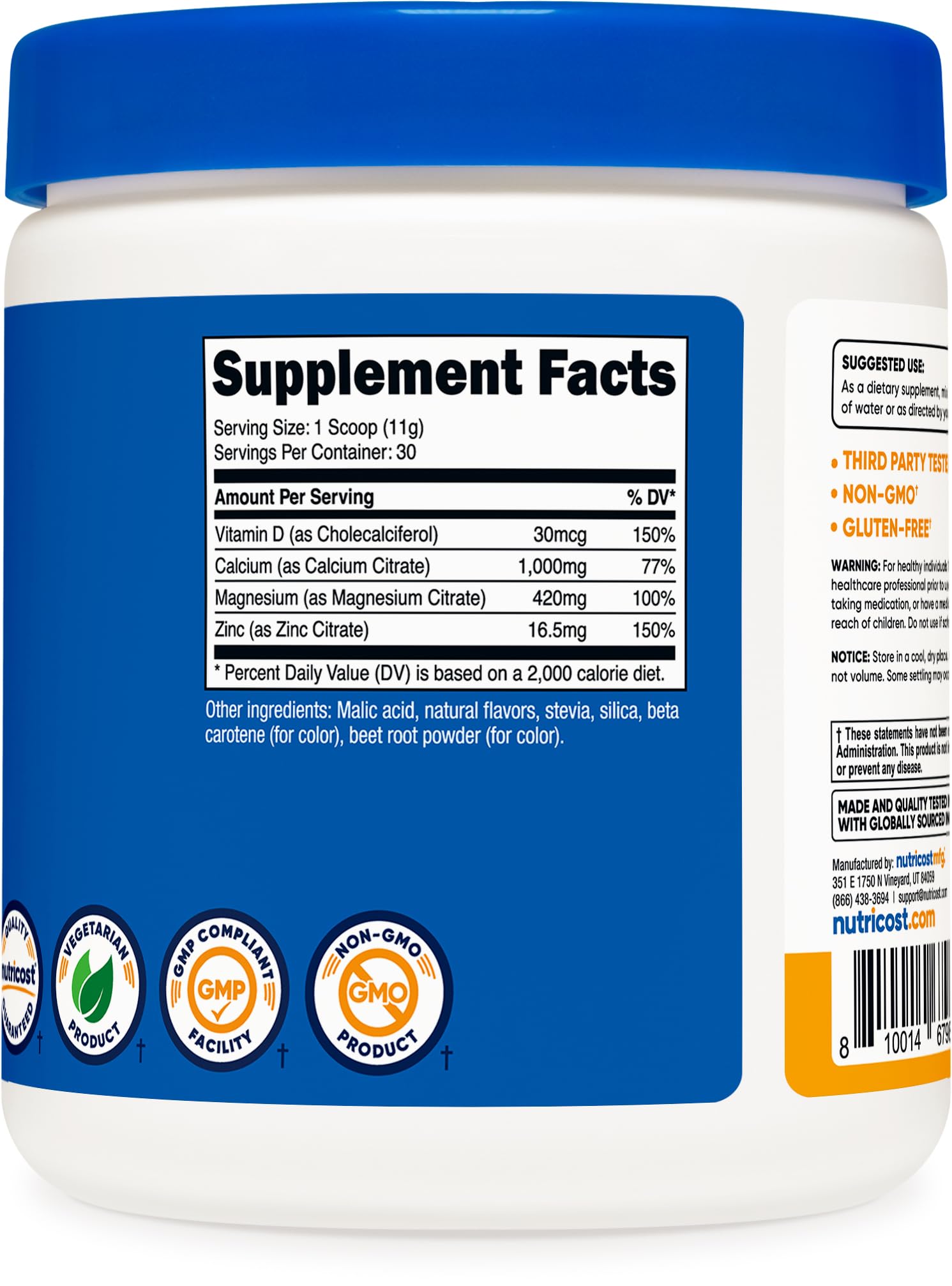 30-serving bottle of Nutricost Calcium Magnesium Zinc Citrates with Vitamin D3 Powder