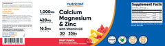 Nutricost product packaging for Calcium Magnesium Zinc Vitamin D3 Powder Fruit Punch
