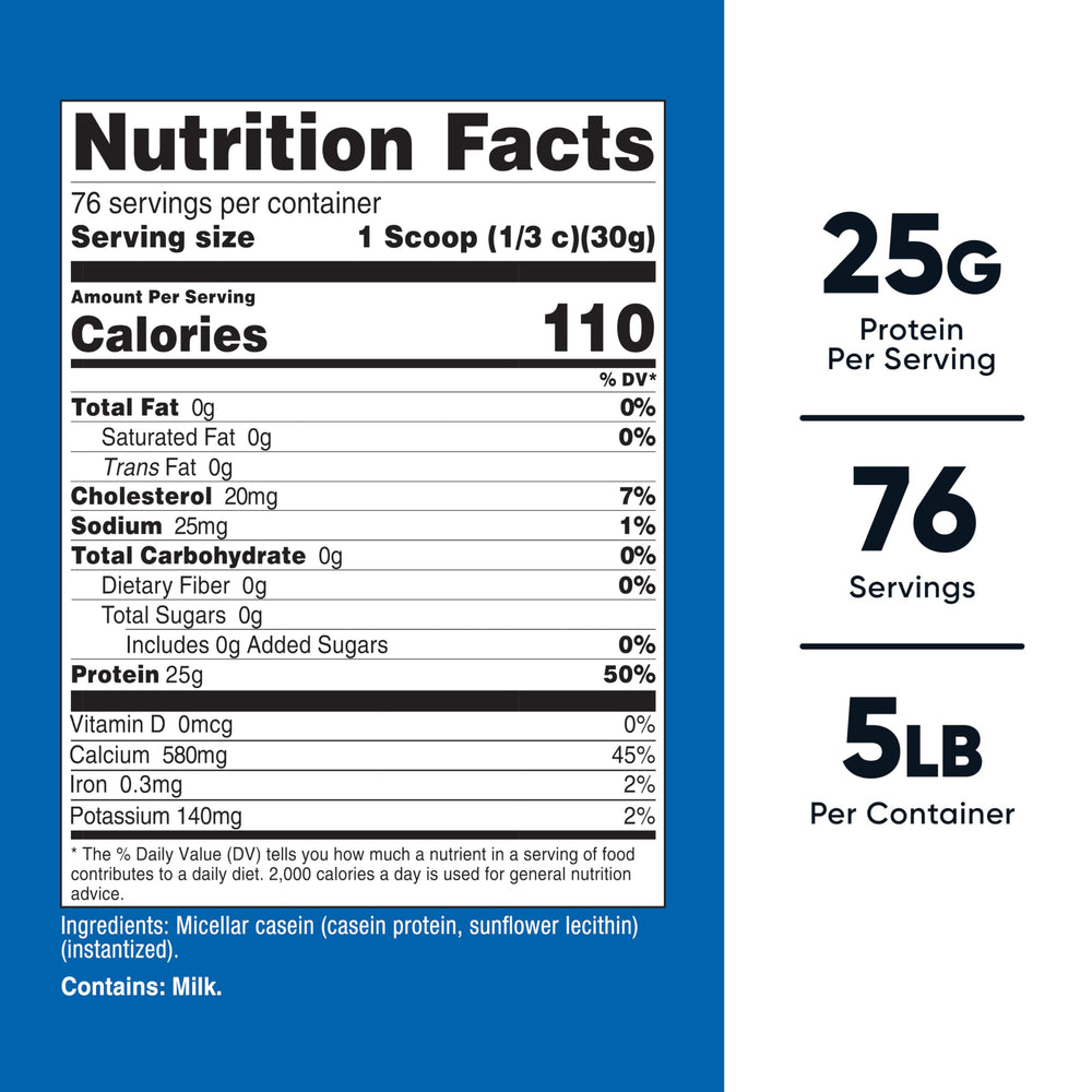Back label of Nutricost Casein Protein Powder 5lb container