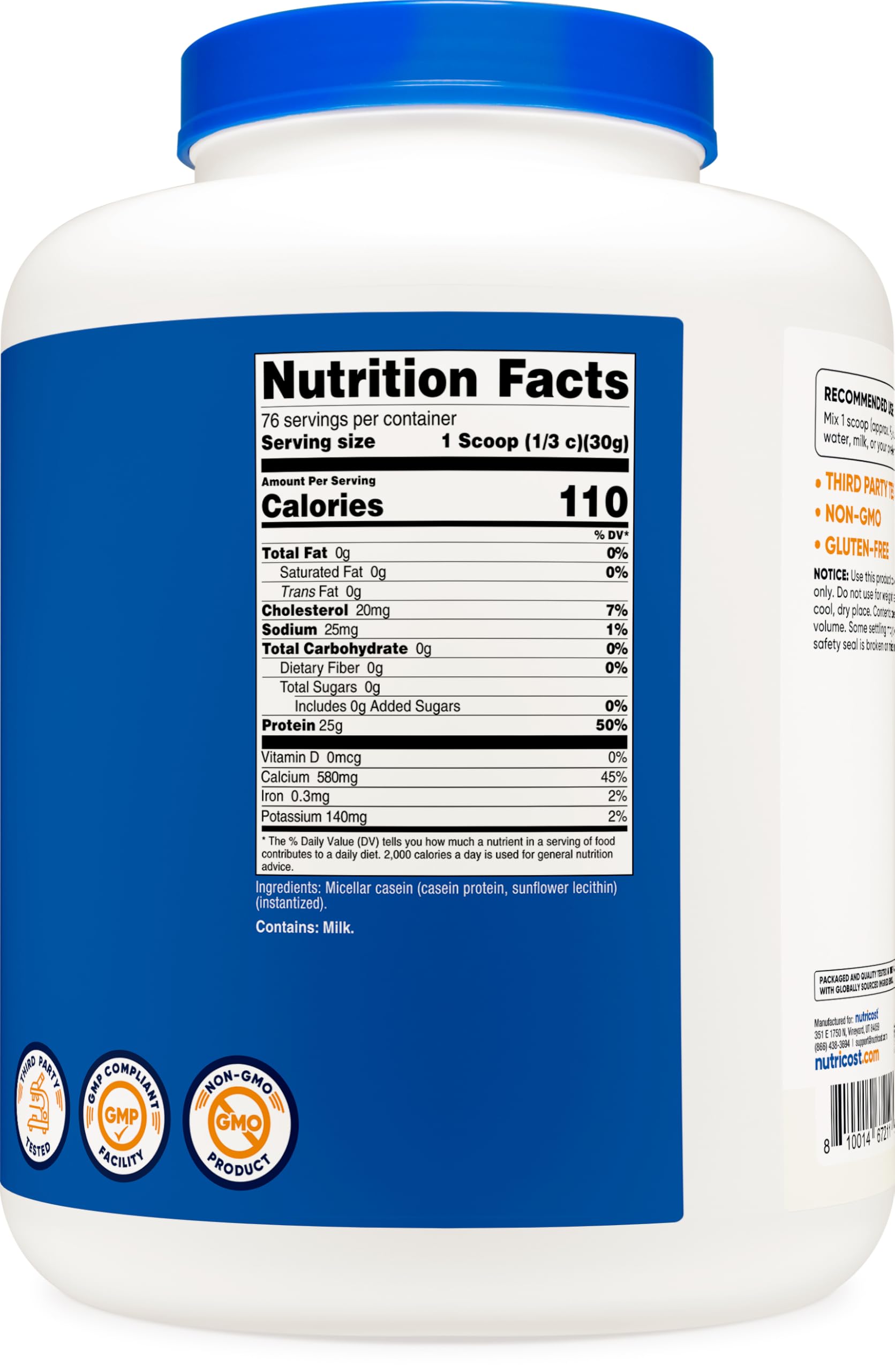 Serving scoop with Nutricost Casein Protein Powder 5lb container