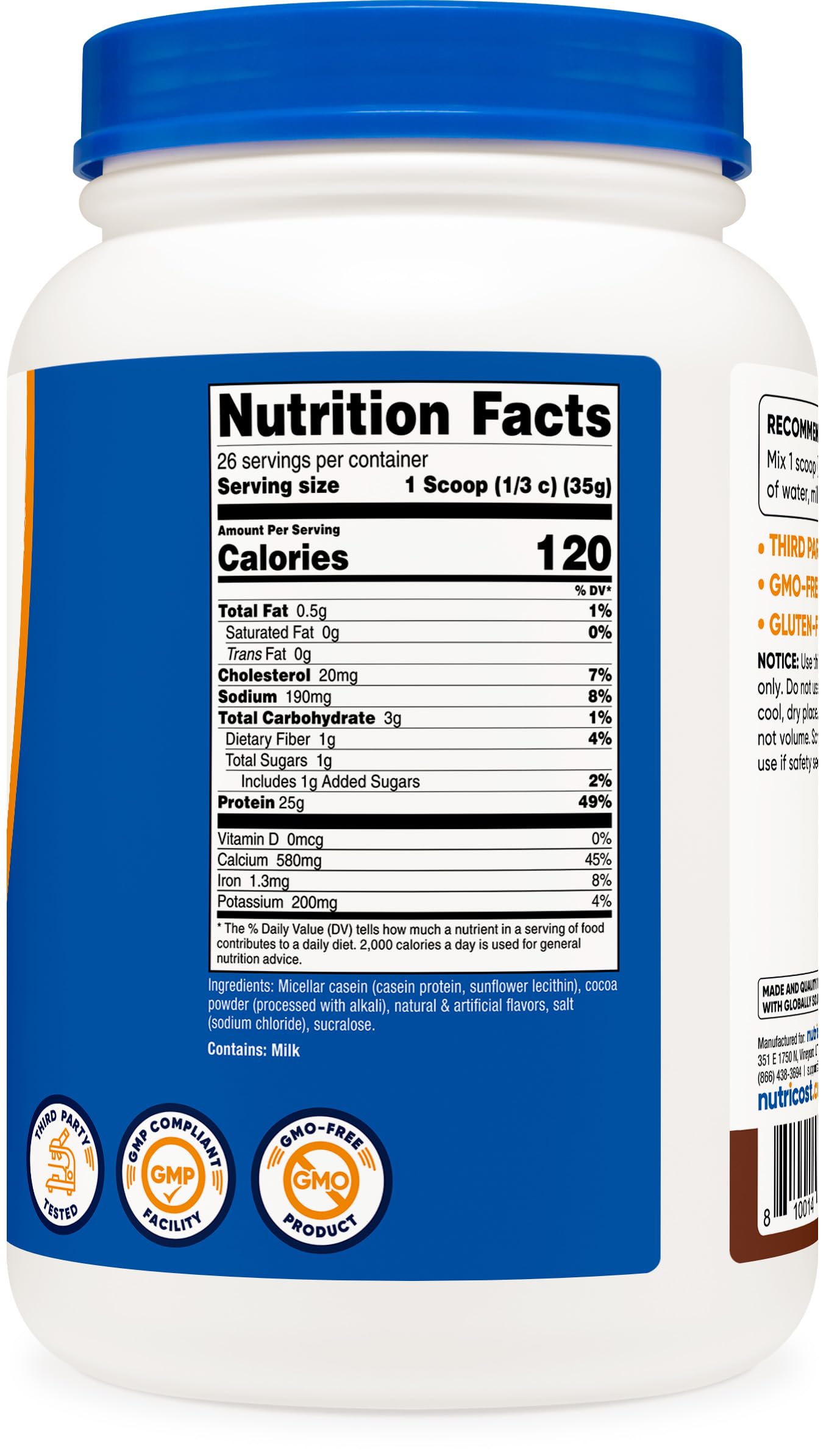 Close up of Nutricost Casein Protein Powder 2lb Chocolate packaging