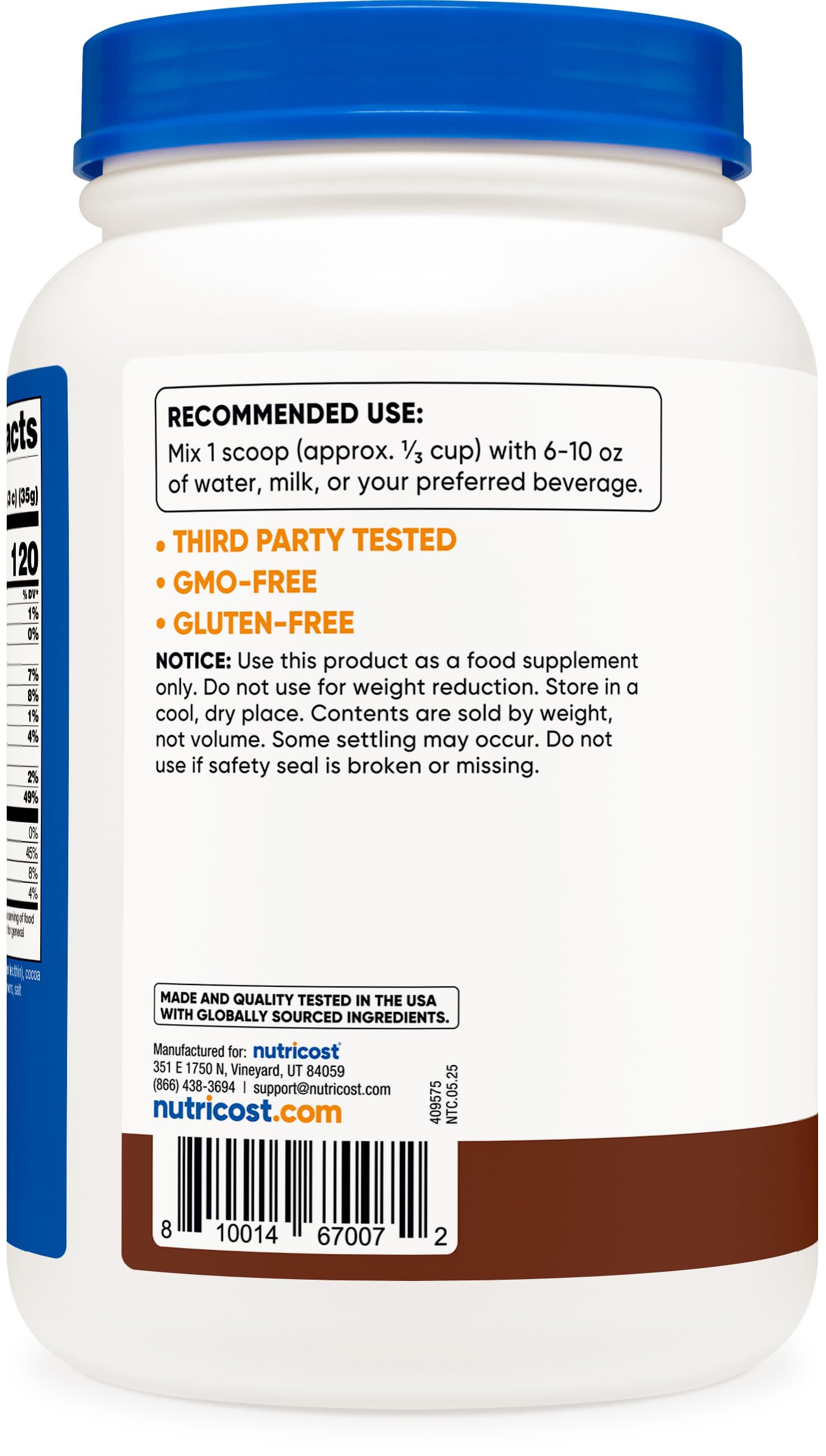 Serving size and protein per serving on Nutricost Casein Powder