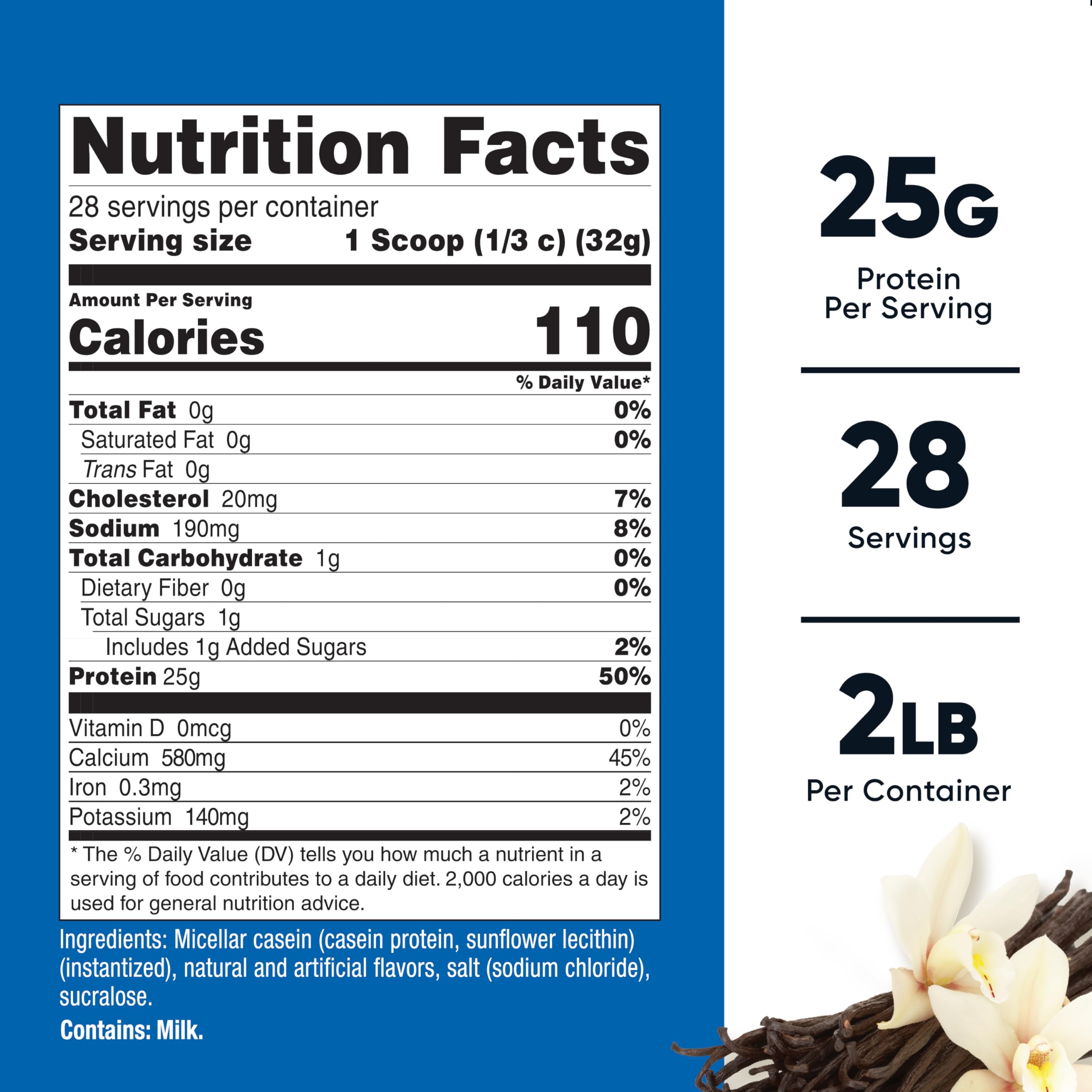 Nutrition facts panel for Nutricost Casein Vanilla