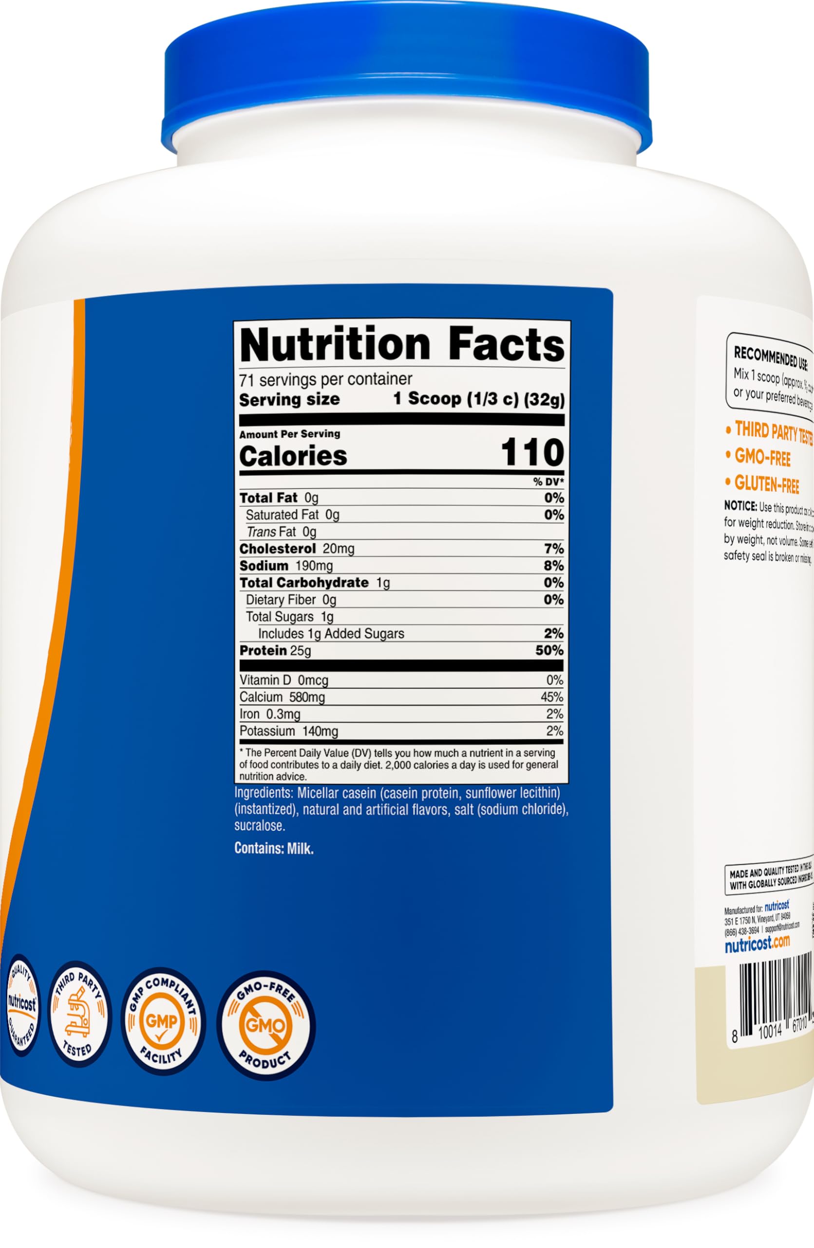 Nutricost vanilla casein powder package in kitchen setting