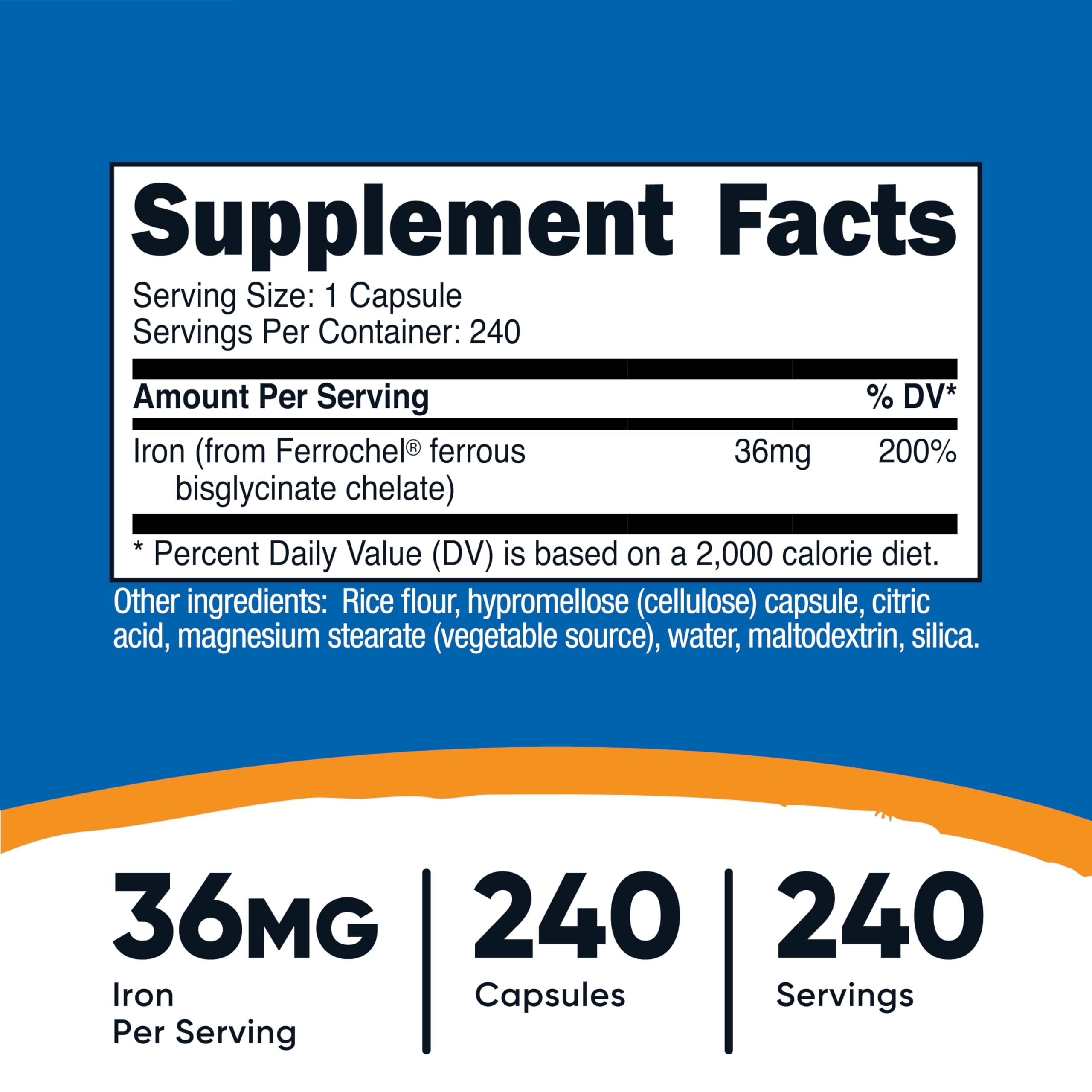 Nutricost Ferrochel label showing 36 mg iron per capsule