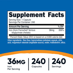 Nutricost Ferrochel label showing 36 mg iron per capsule