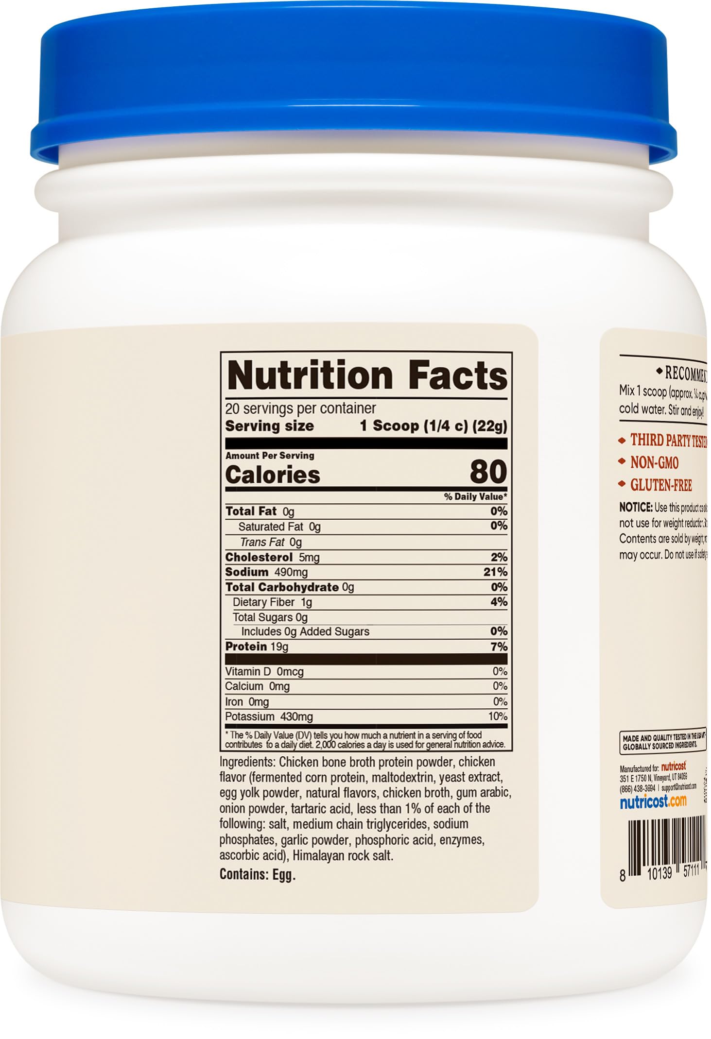 Nutrition facts panel on Nutricost Chicken Bone Broth Protein container