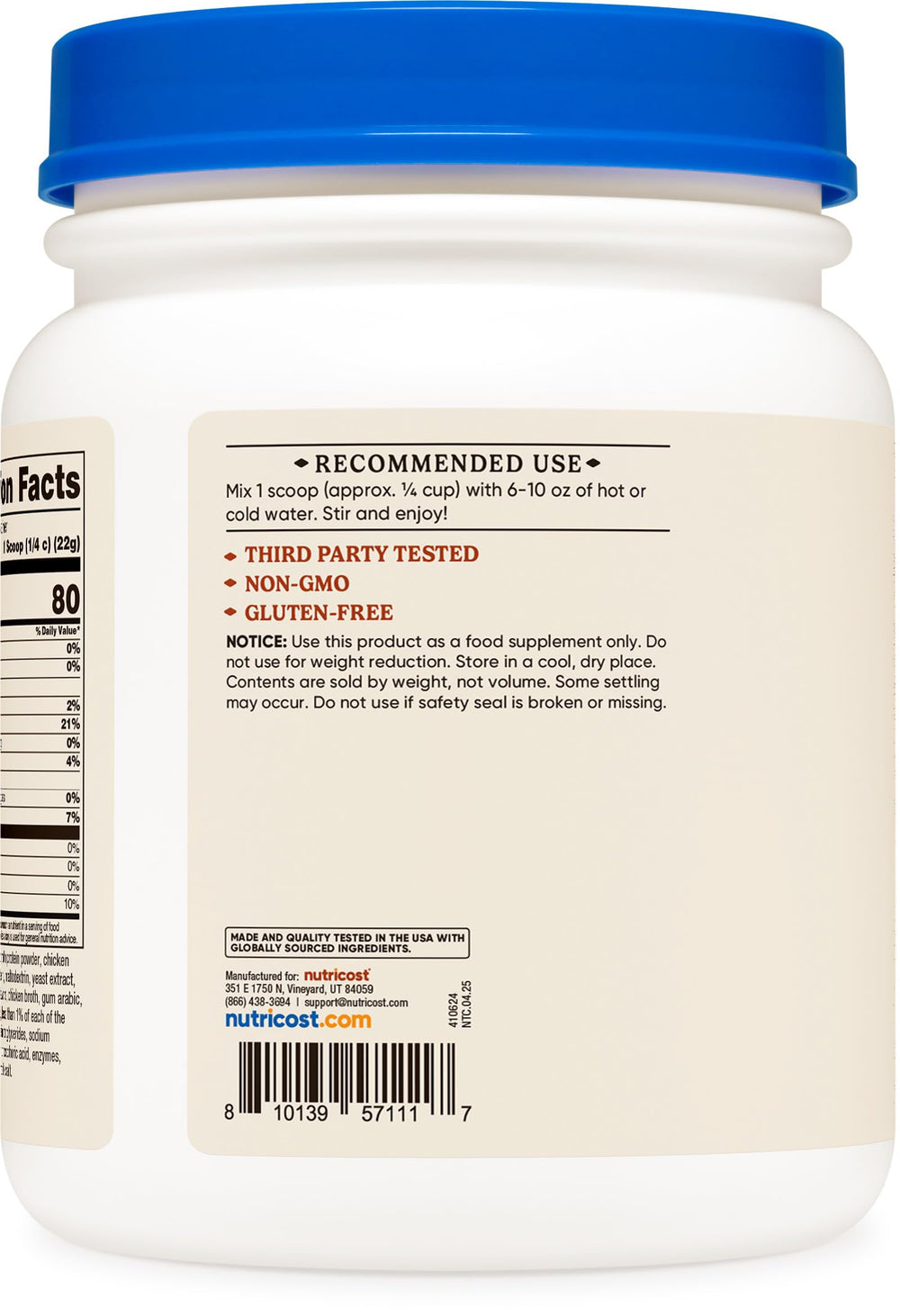 Nutricost Chicken Bone Broth Protein hot cup stirred for a comforting drink.