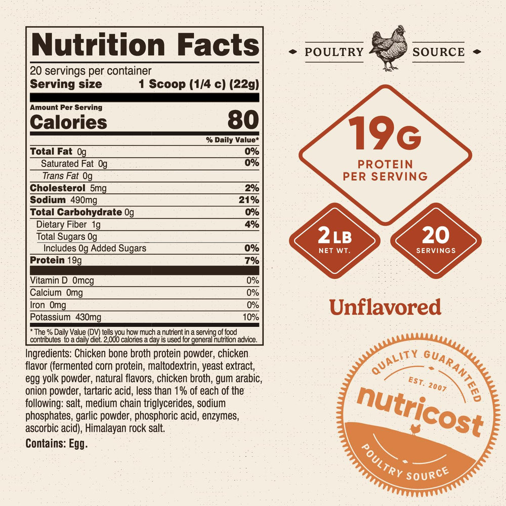 Nutricost Chicken Bone Broth Protein scoop for quick savory boosts in recipes.