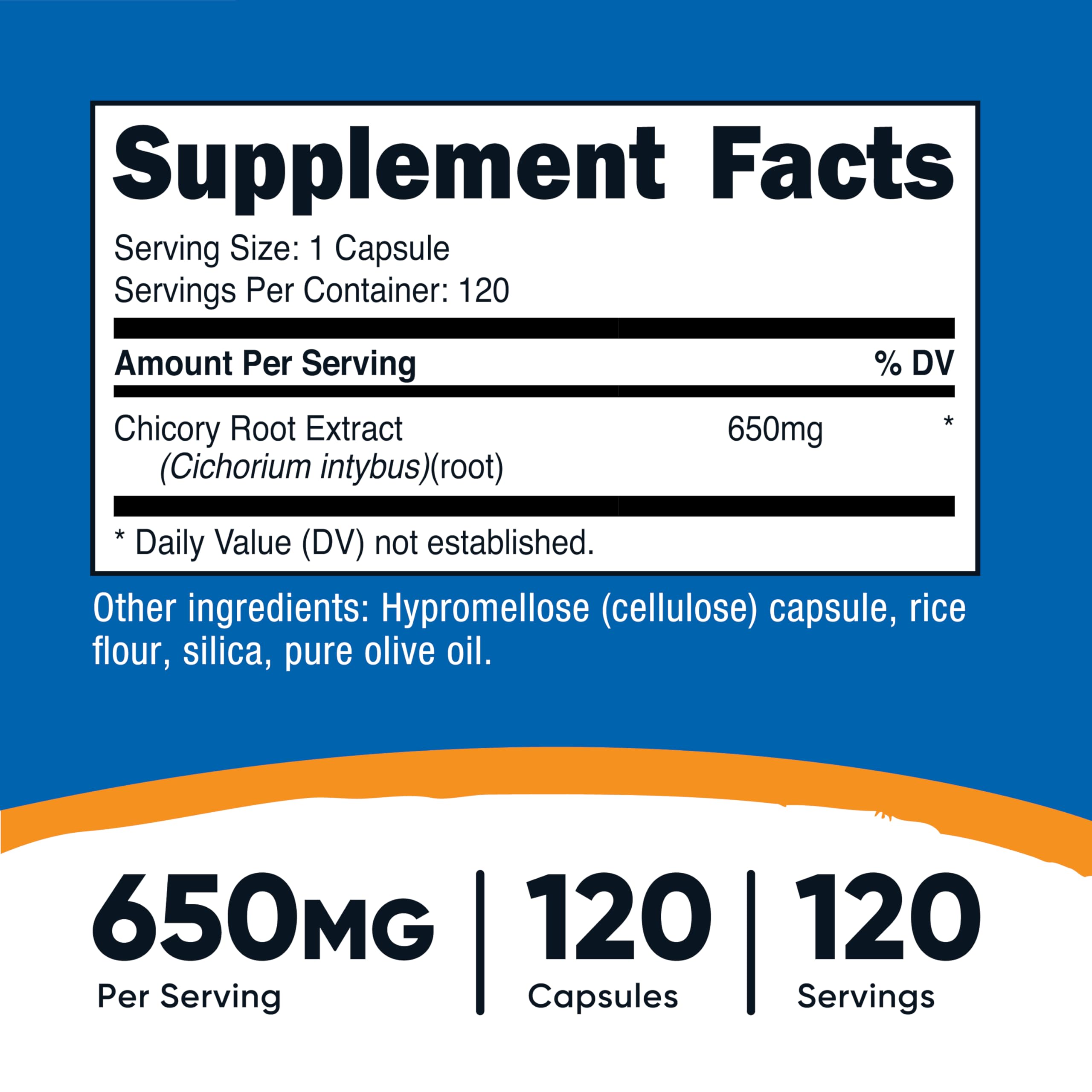Back label view of Nutricost Chicory Root 650mg bottle