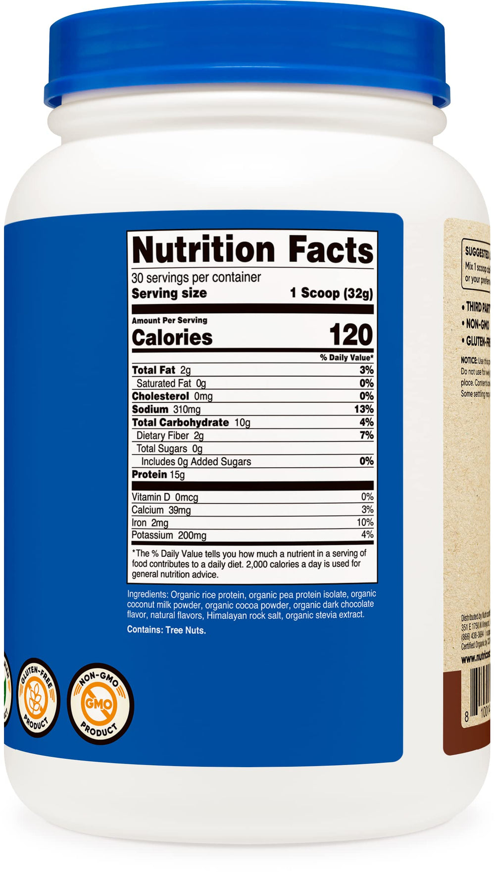 Nutricost chocolate packaging label closeup with USDA Organic and vegan certification visible