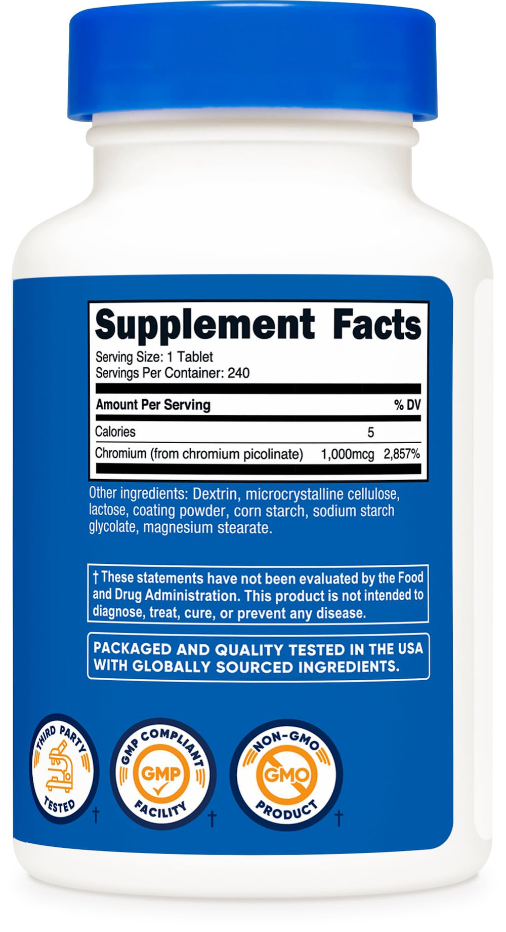 Gluten-free and Non-GMO label on Nutricost Chromium product