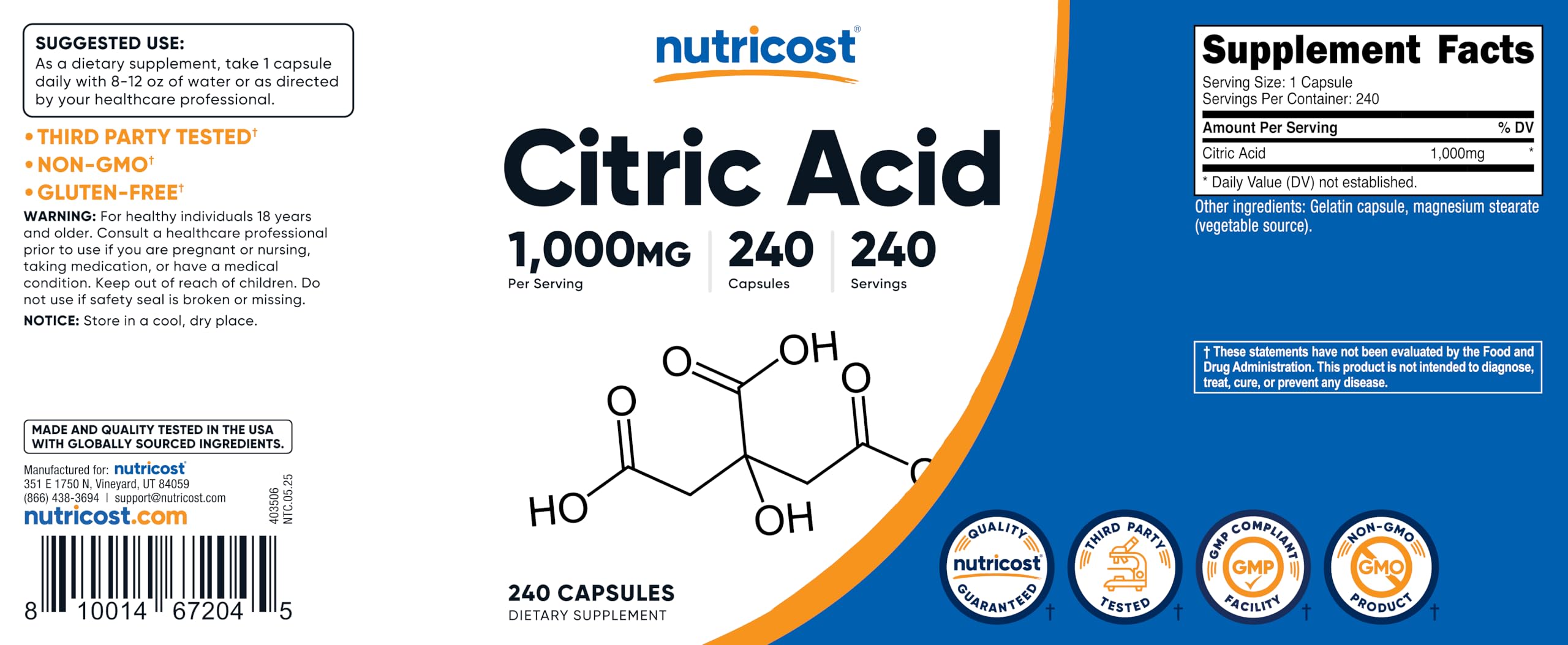 Back of Nutricost Citric Acid bottle with supplement facts