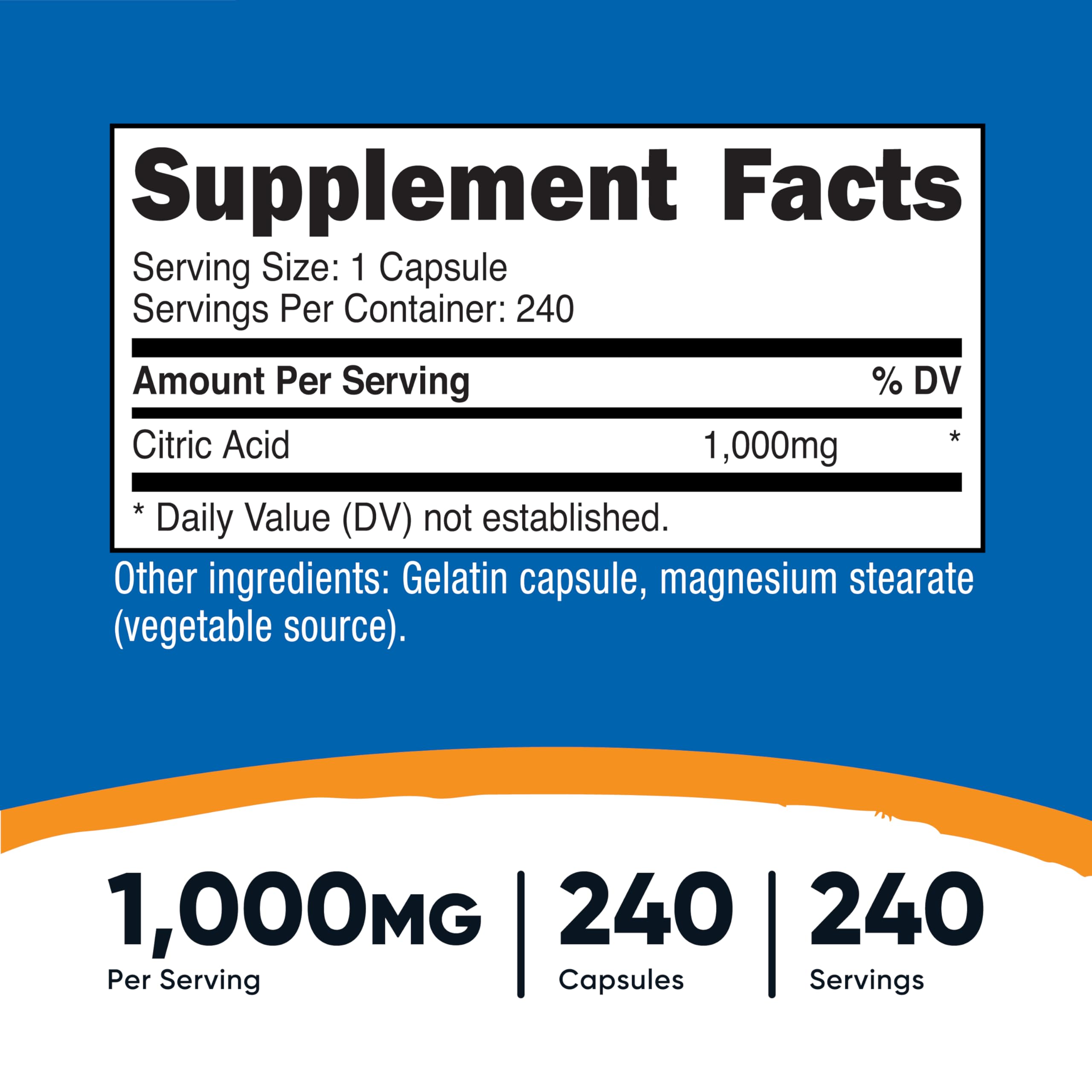 Bottle label close-up for Nutricost Citric Acid 1000mg - 240 capsules
