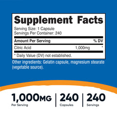 Bottle label close-up for Nutricost Citric Acid 1000mg - 240 capsules