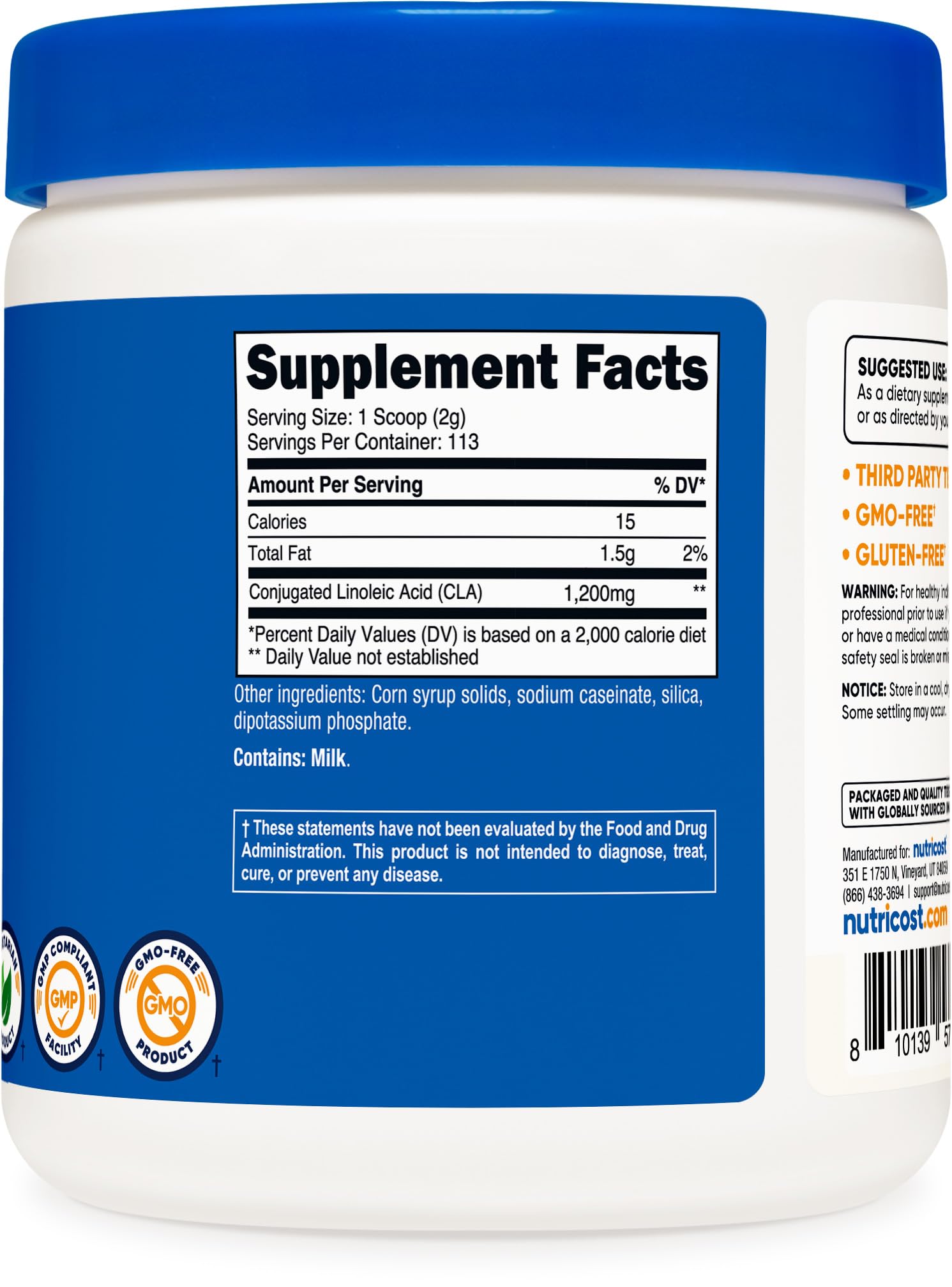 Packaging showing GMO-free and gluten-free features of Nutricost CLA powder