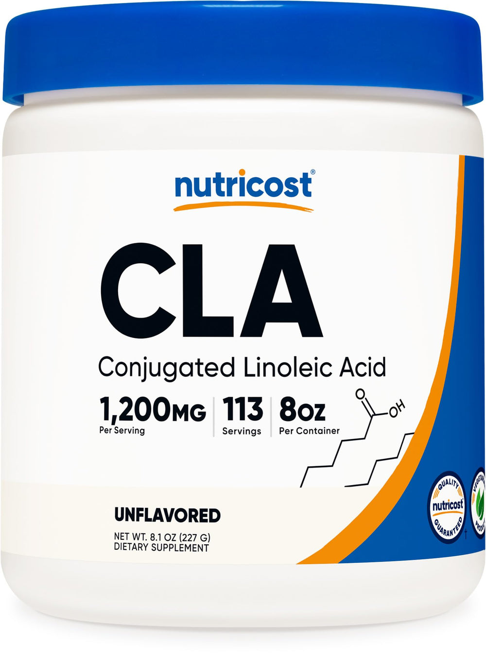Nutricost CLA powder container front view, gluten-free and GMO-free formula.