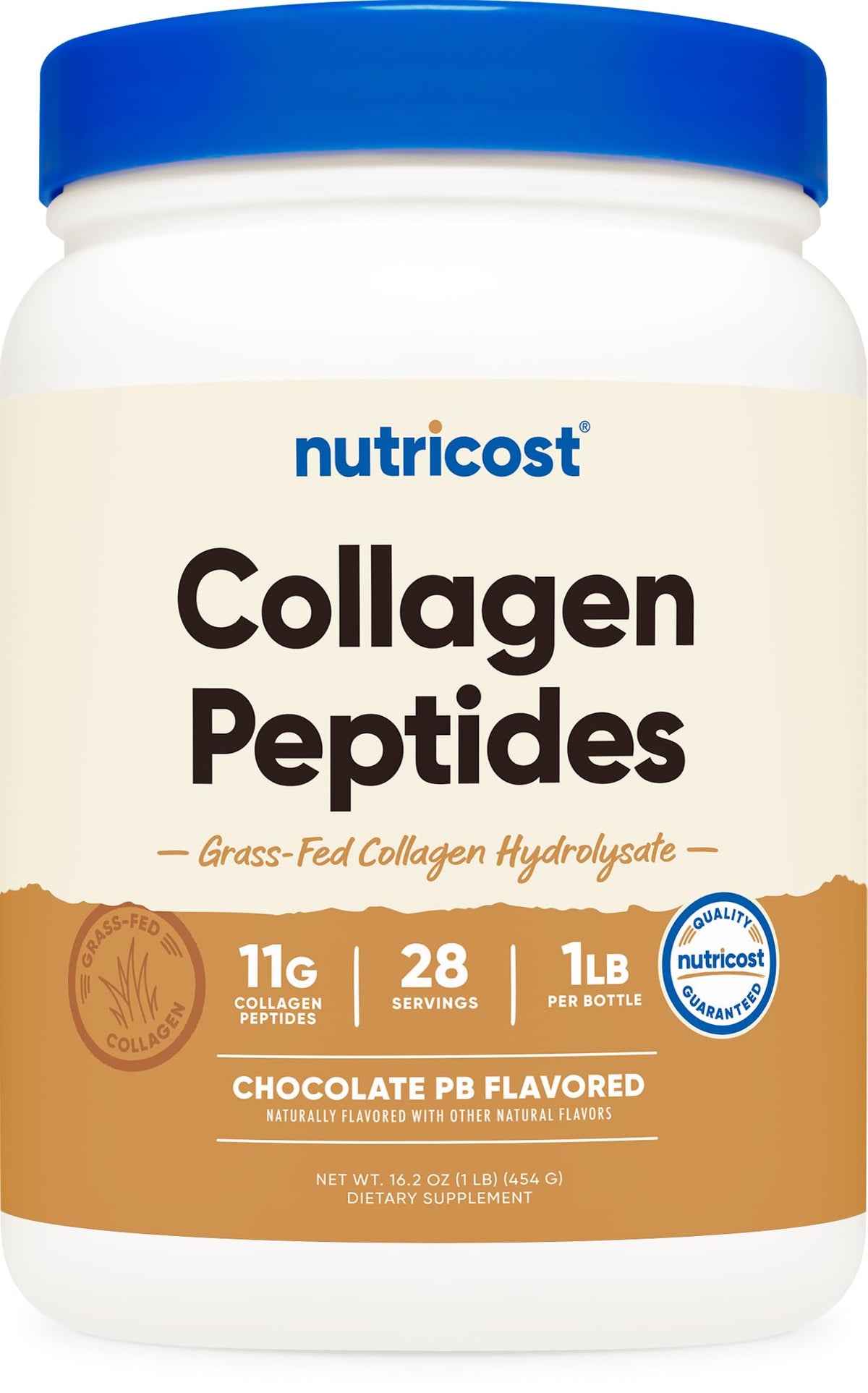Front view of Nutricost Collagen Peptides Powder Chocolate Peanut Butter flavor, 1 lb