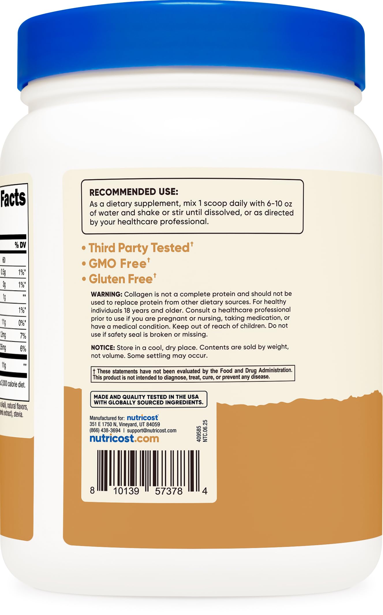 Packaging shot of Nutricost Collagen Peptides Powder Chocolate Peanut Butter flavor, 1 lb