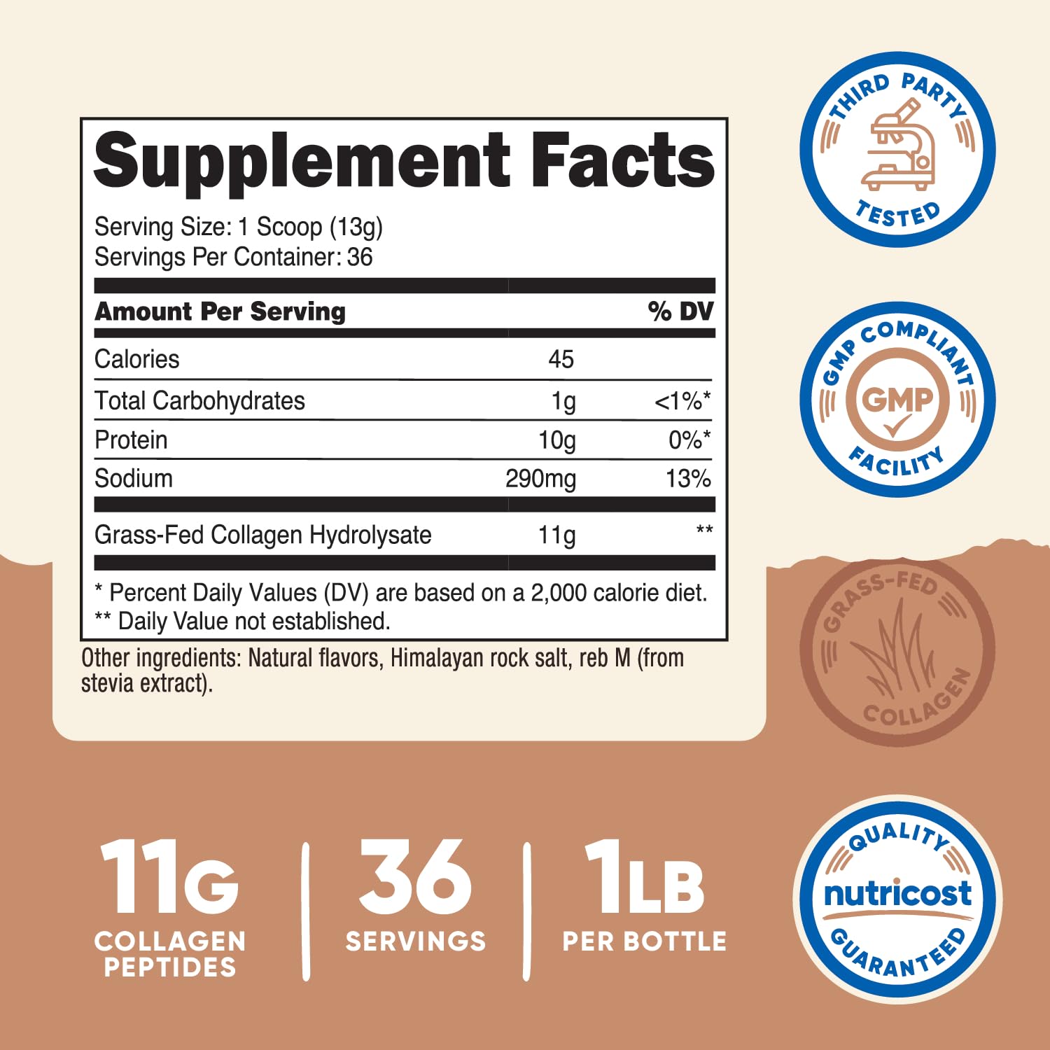 Close-up of Nutricost Salted Caramel collagen bottle label