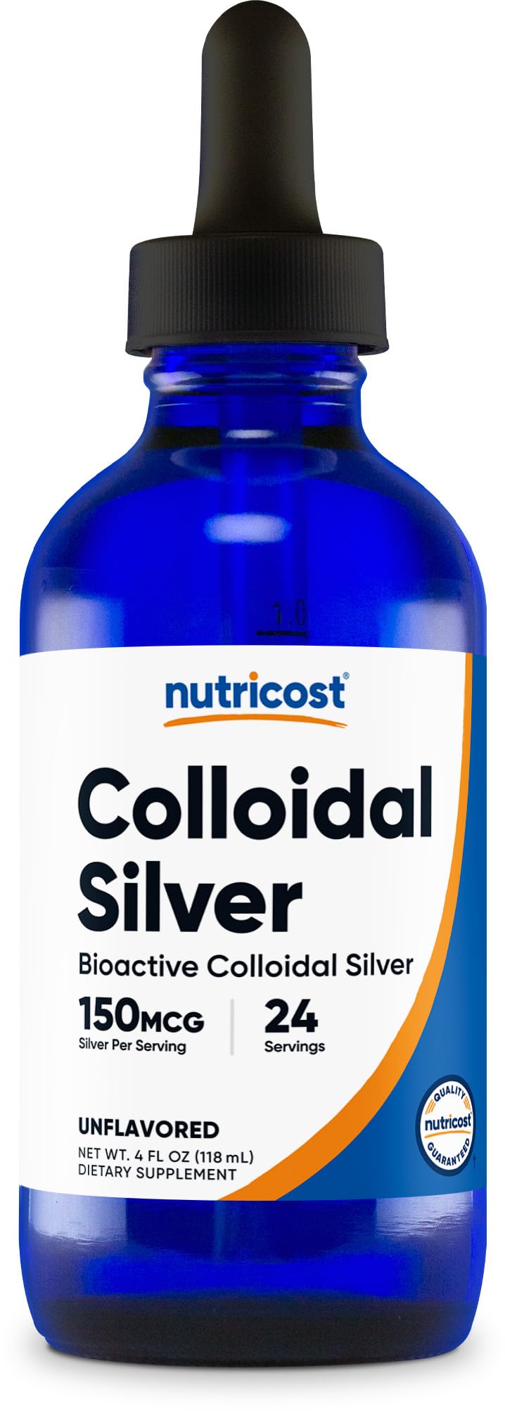 Nutricost Colloidal Silver 4oz bottle in cobalt blue glass