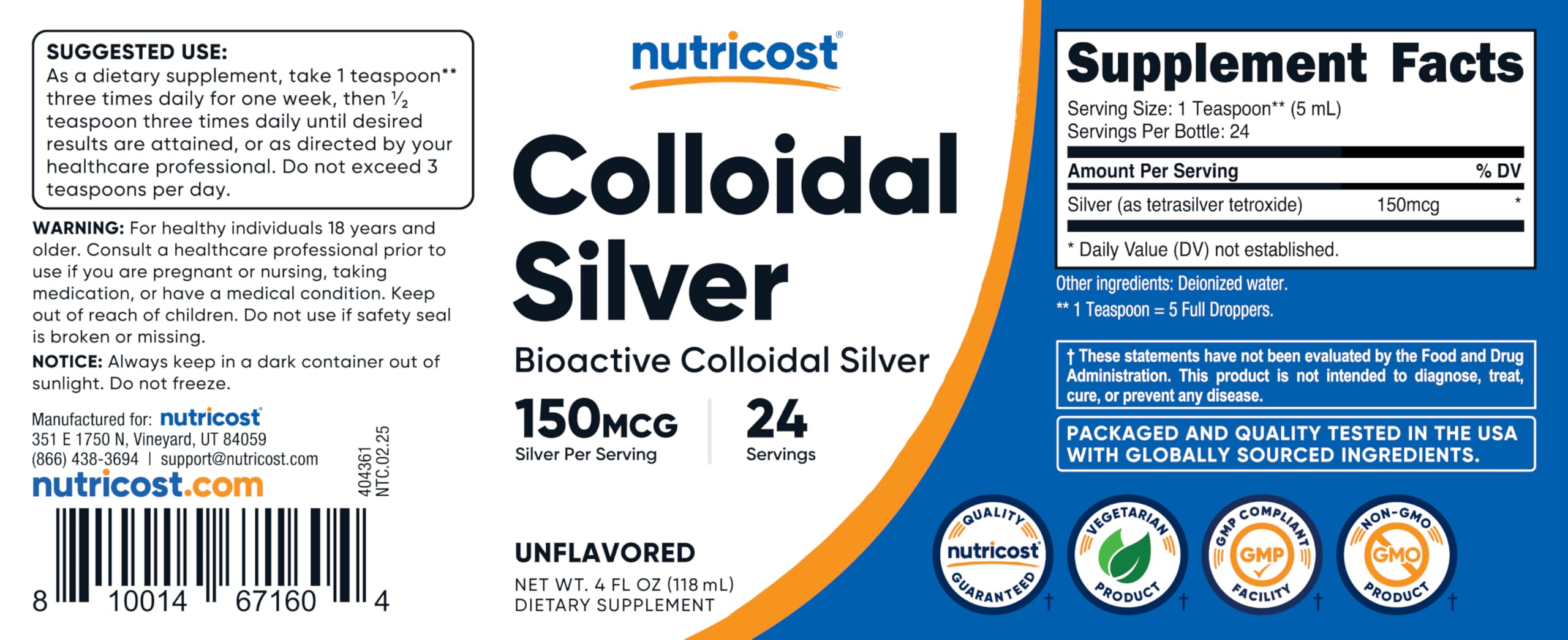 Packaging view: Nutricost Colloidal Silver 4oz bottle in cobalt blue glass