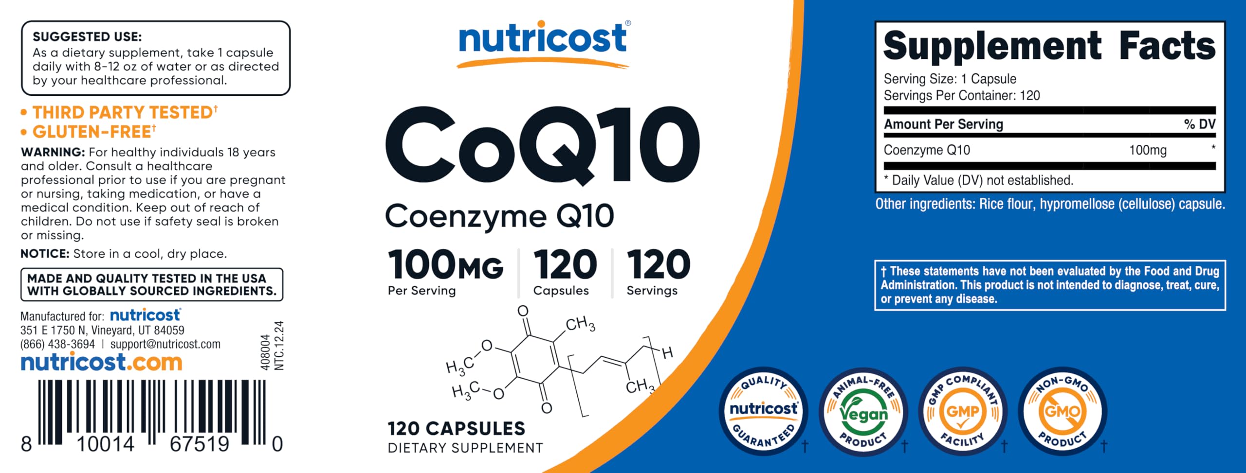 Third-party testing badge on Nutricost CoQ10 packaging indicating quality control