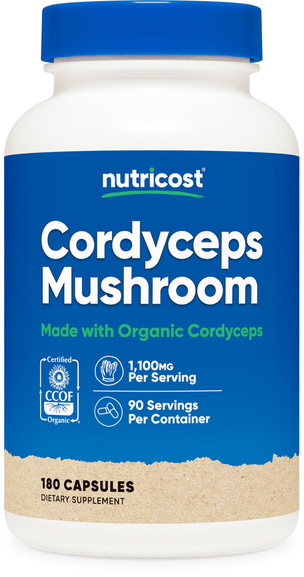 Nutricost Cordyceps Mushroom Capsules bottle with 180 plant-based capsules