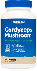 Nutricost Cordyceps Mushroom Capsules bottle with 180 plant-based capsules