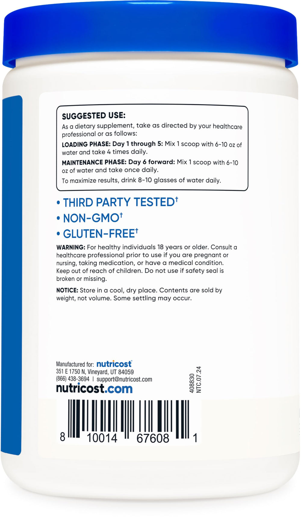 Non-GMO and Gluten Free label on the Nutricost bottle