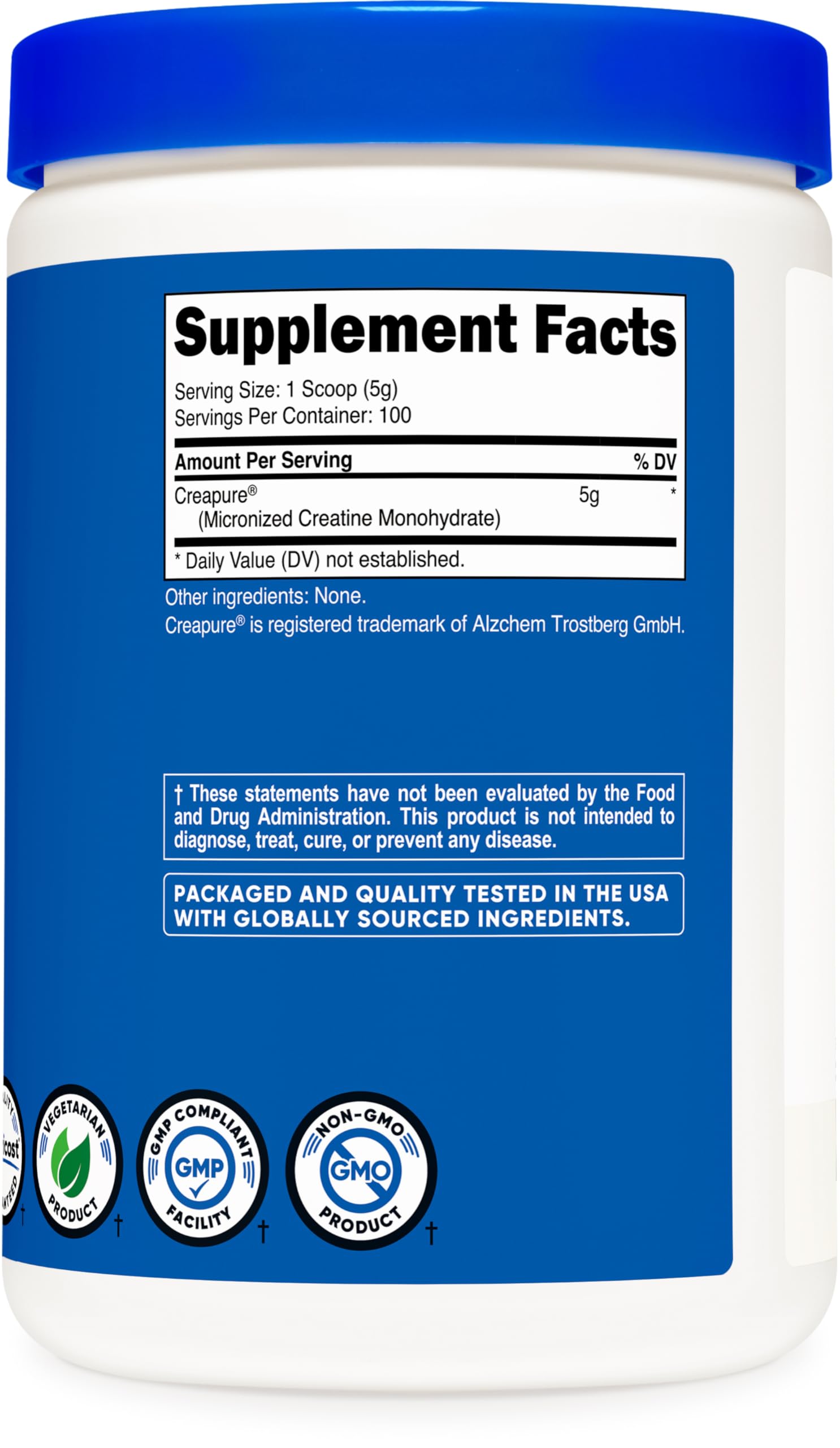 Nutrition facts and ingredients panel for Nutricost Creapure Creatine Monohydrate 500g