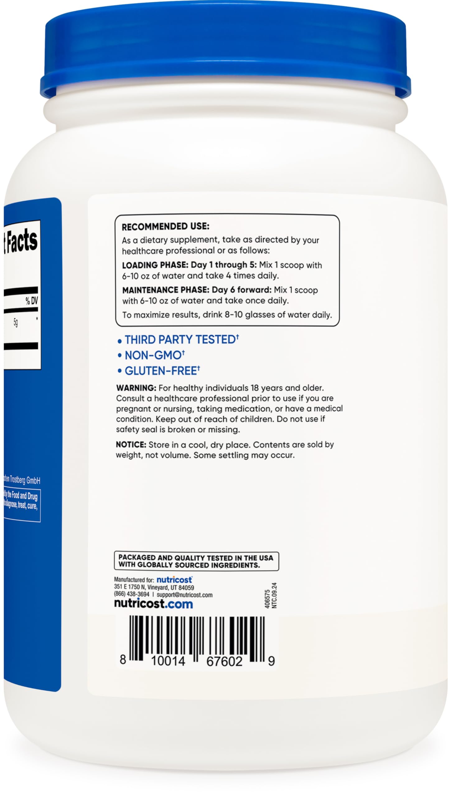 1kg container label showing Non-GMO, Vegetarian, Gluten Free and Third-Party Tested
