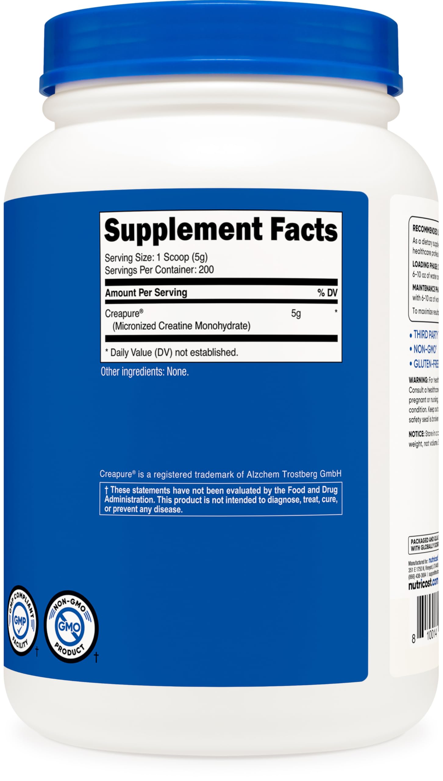 Nutrition facts and ingredient label for Nutricost Creapure Creatine Monohydrate 1kg