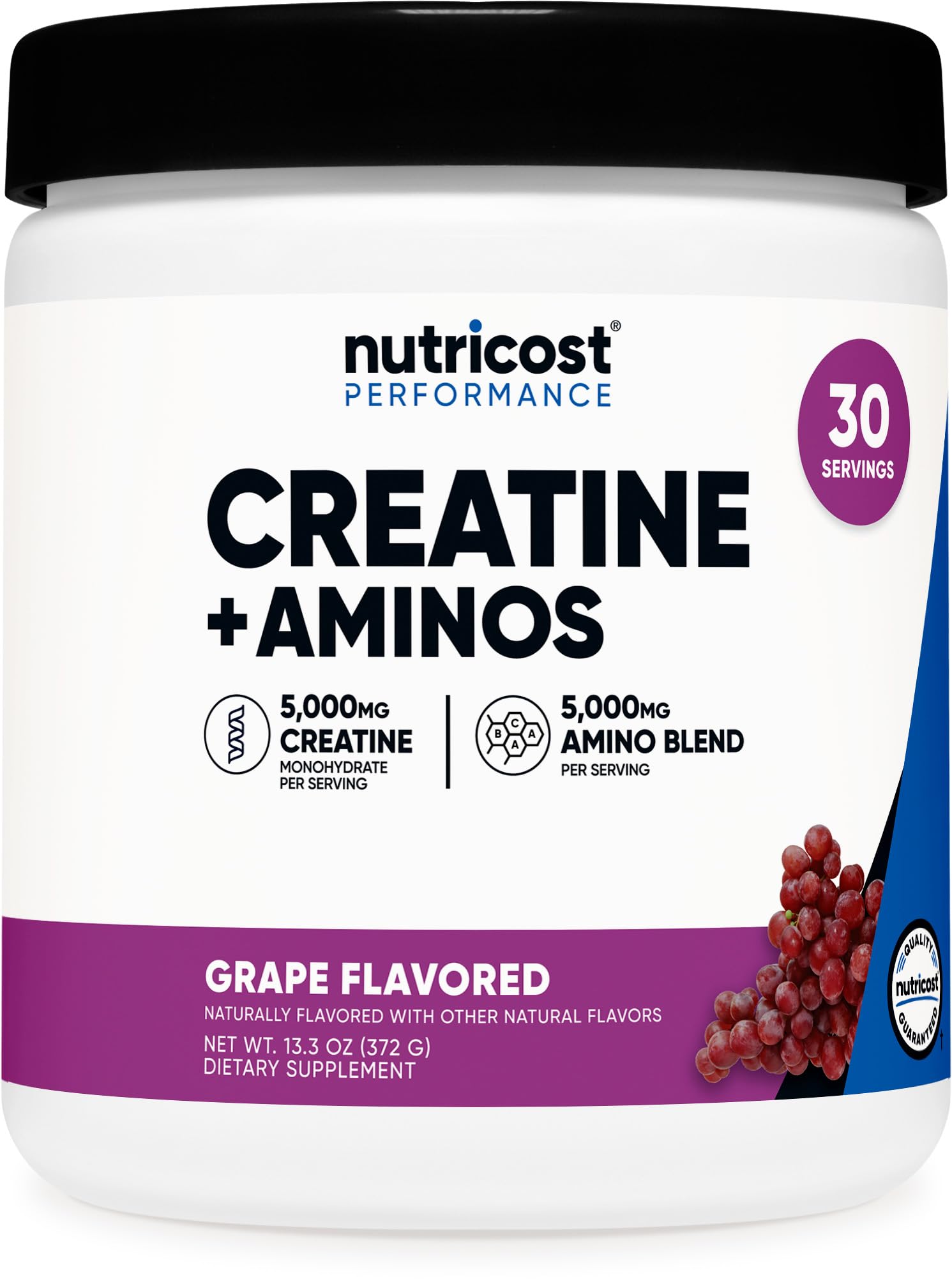 Nutricost Creatine + Aminos Grape flavor bottle labeled 30 servings