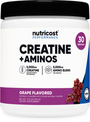 Nutricost Creatine + Aminos Grape flavor bottle labeled 30 servings