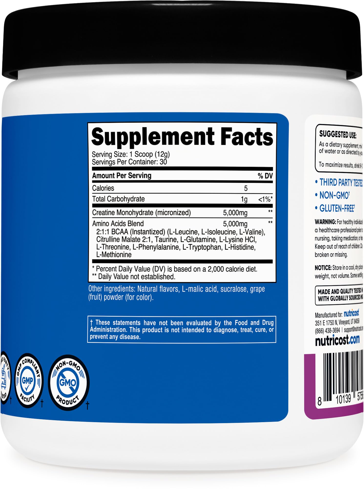 Grape flavor Nutricost Creatine + Aminos nutrition facts panel