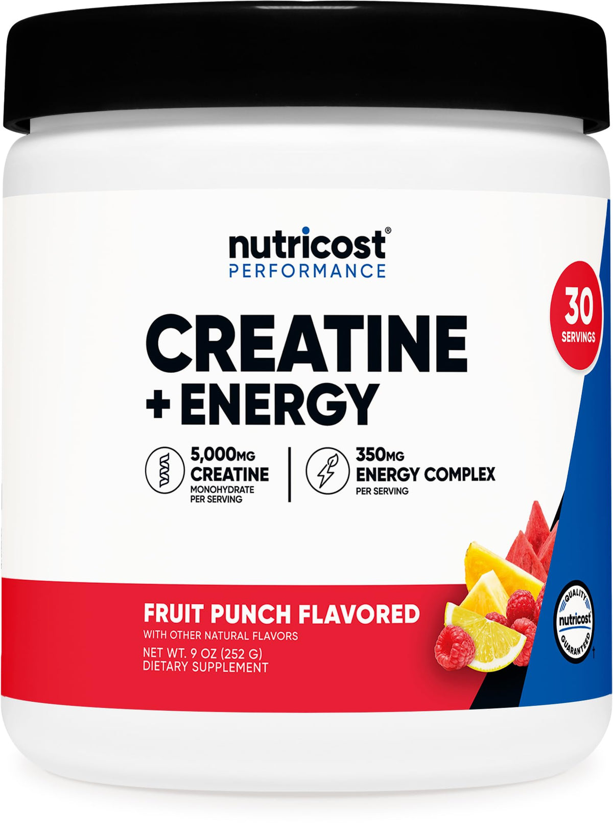 Nutricost Creatine + Energy Fruit Punch flavor bottle with label
