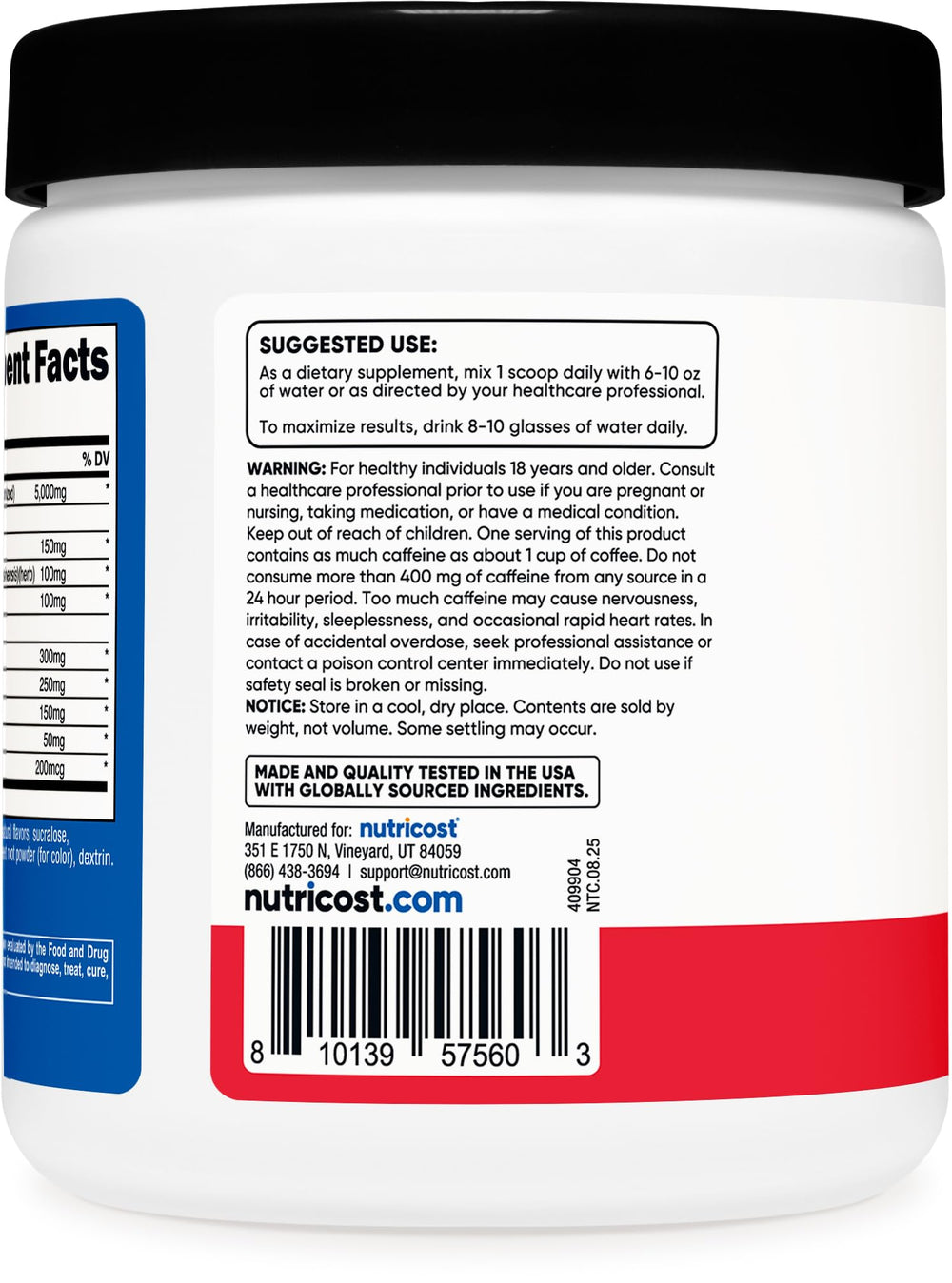 30 servings per container label on Nutricost Creatine + Energy
