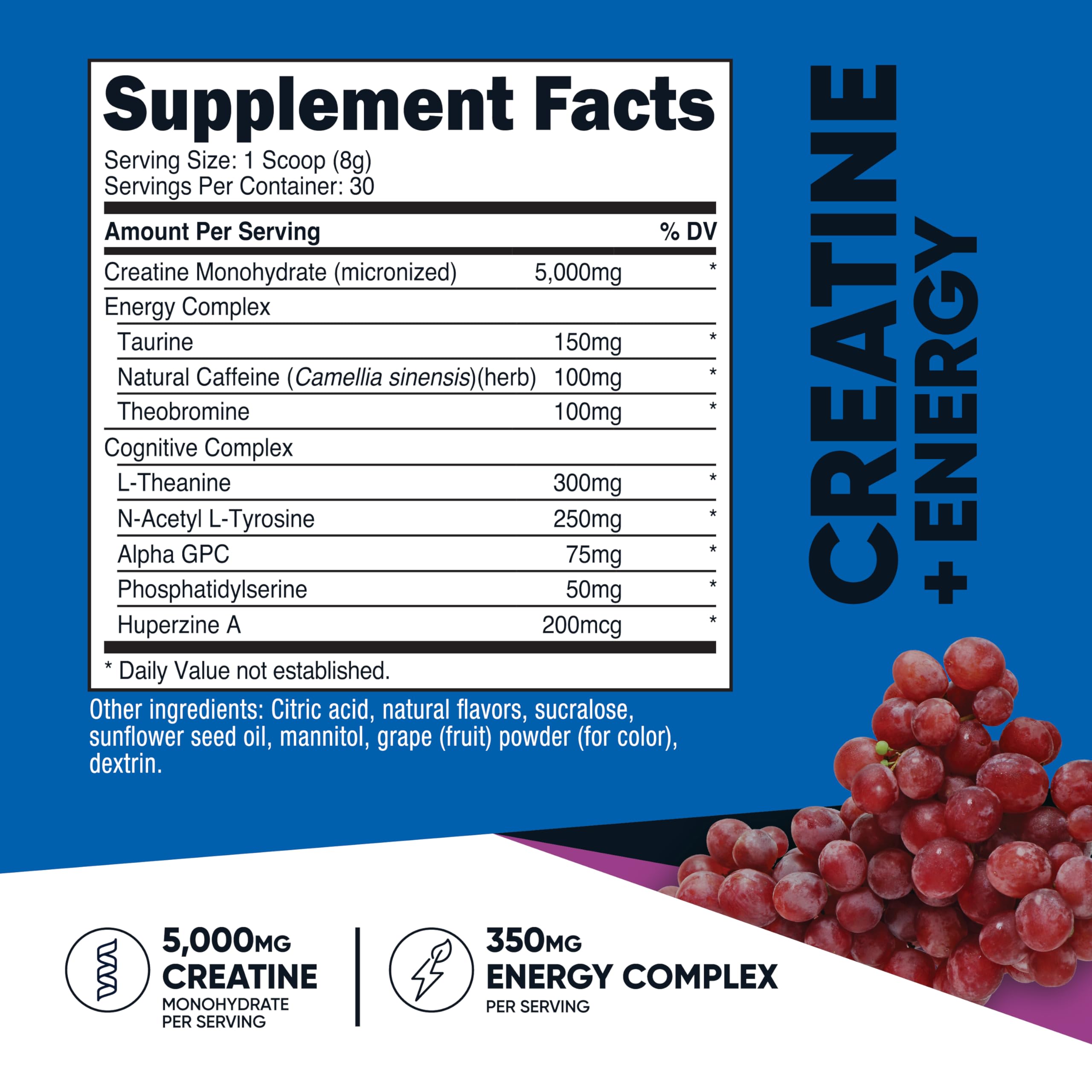 Nutrition label showing 5,000mg creatine monohydrate per serving