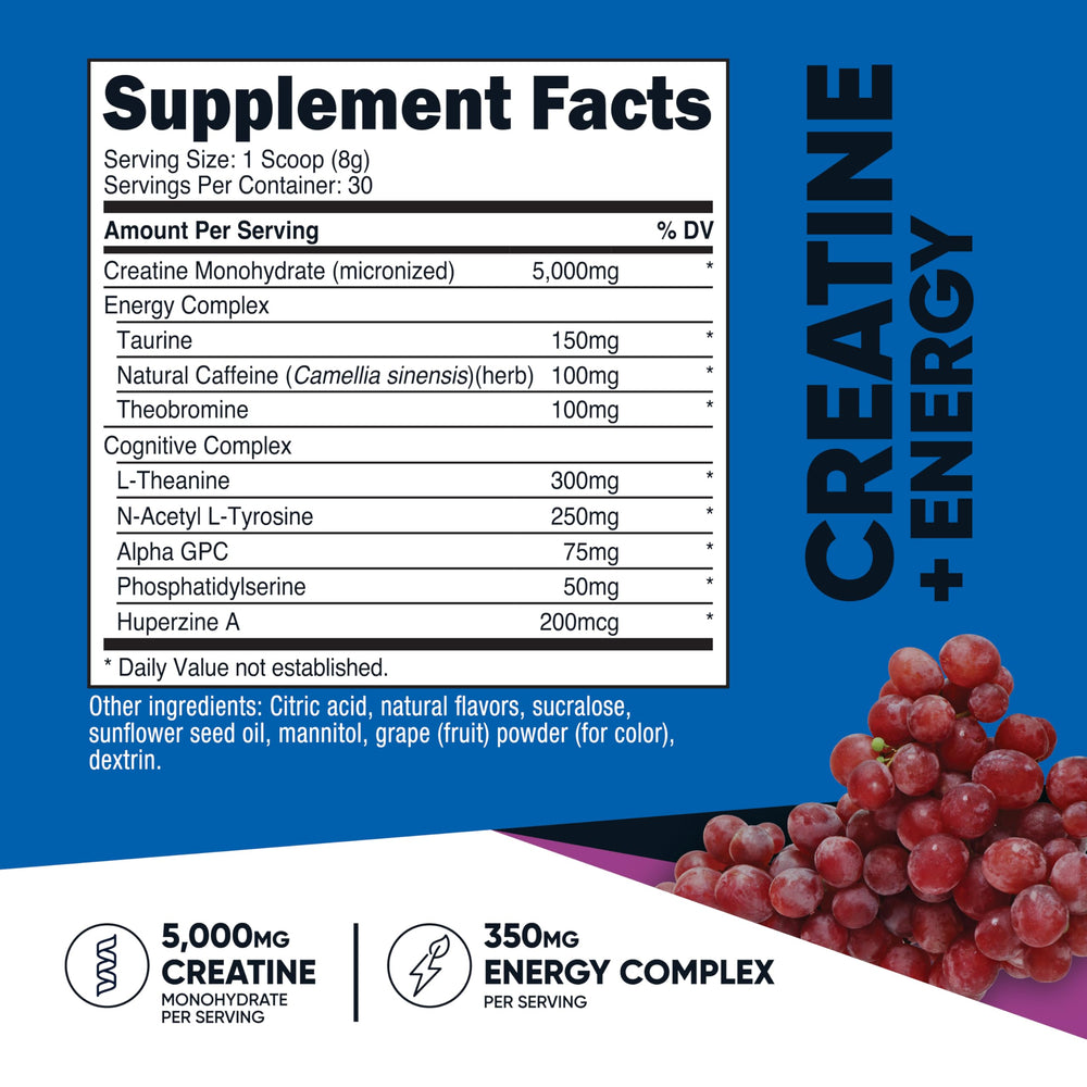Nutrition label showing 5,000mg creatine monohydrate per serving