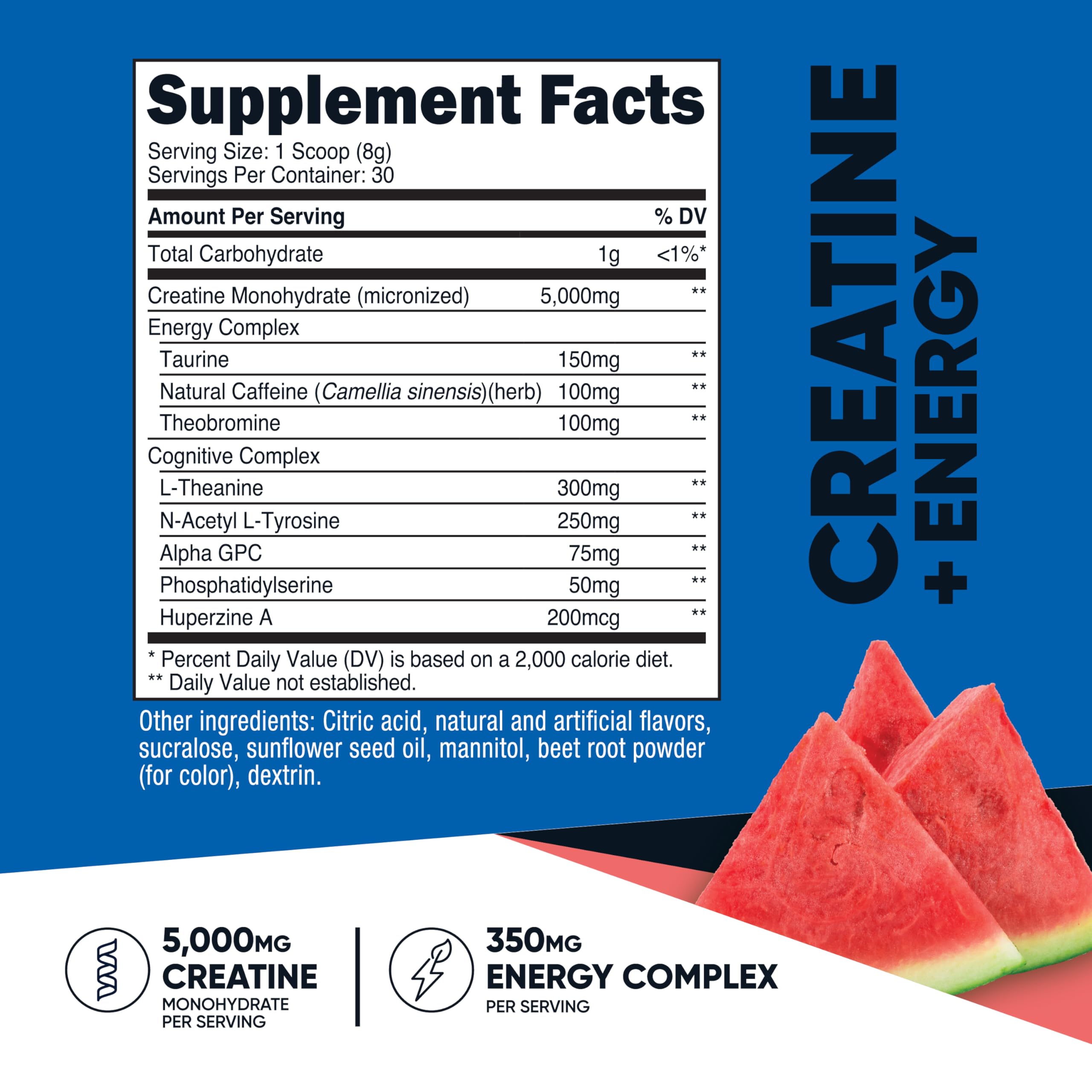 Nutrition facts label for Nutricost Creatine + Energy